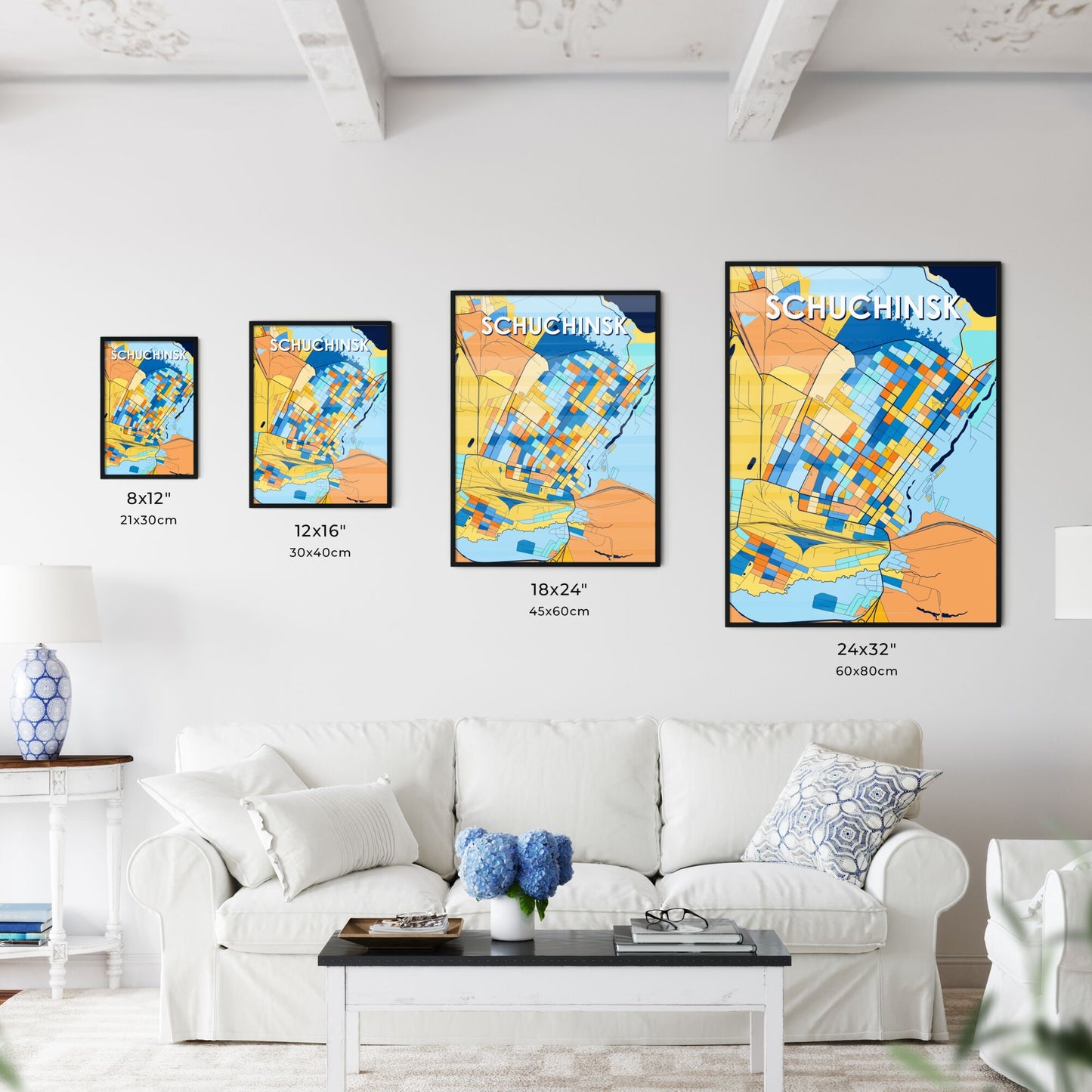 SCHUCHINSK KAZAKHSTAN Vibrant Colorful Art Map Poster Blue Orange