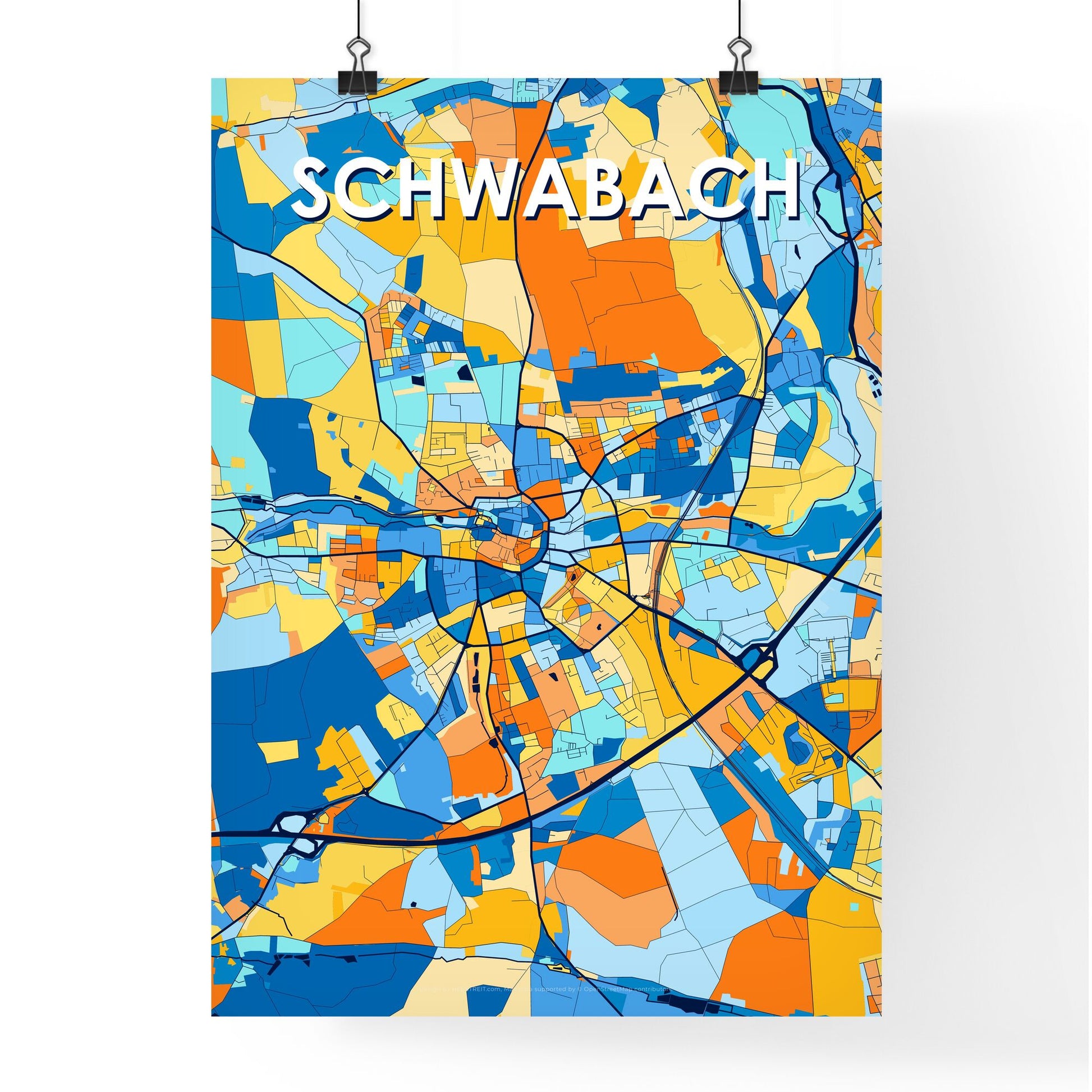 SCHWABACH GERMANY Vibrant Colorful Art Map Poster Blue Orange