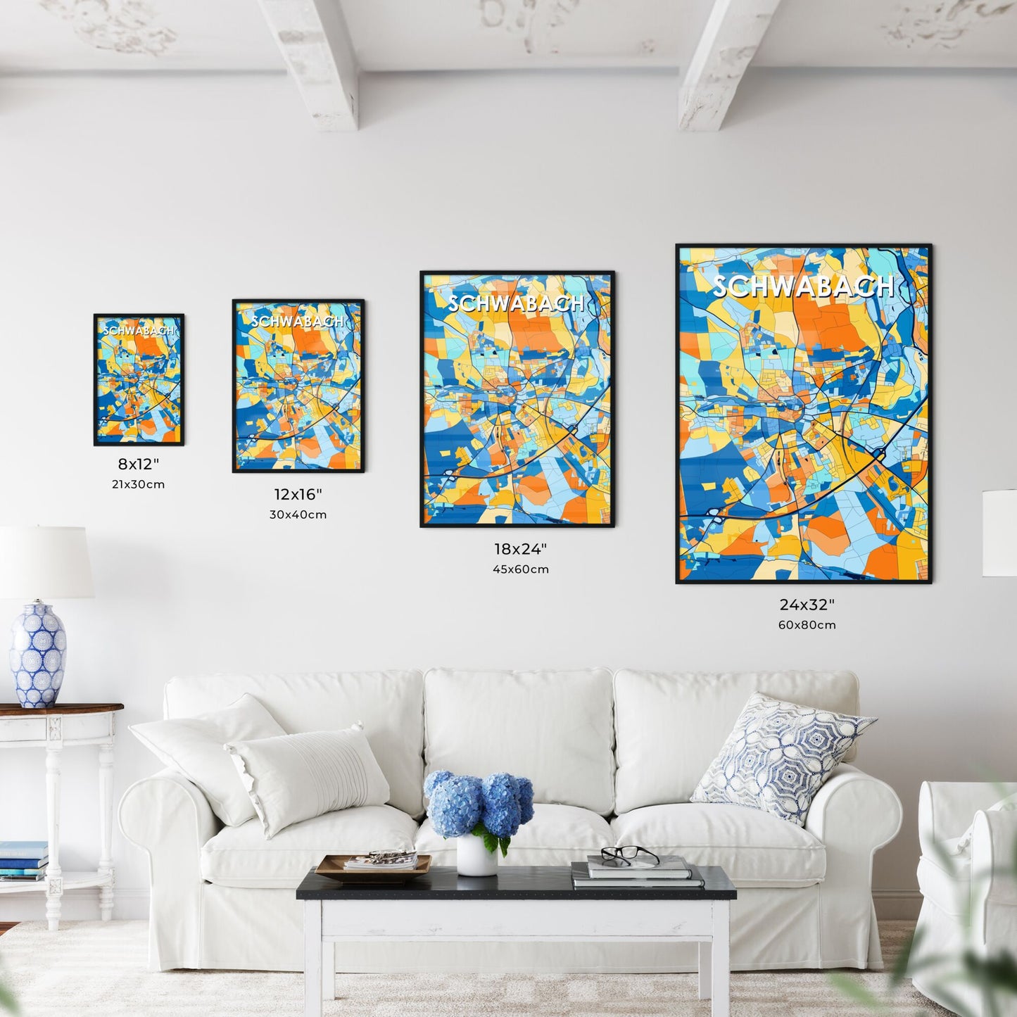 SCHWABACH GERMANY Vibrant Colorful Art Map Poster Blue Orange