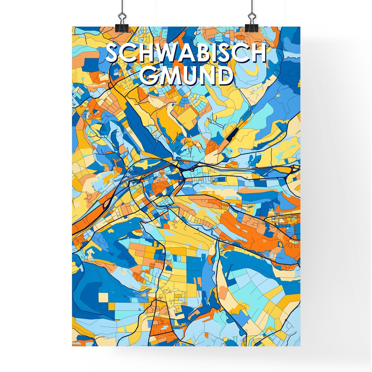 SCHWABISCH GMUND GERMANY Vibrant Colorful Art Map Poster Blue Orange