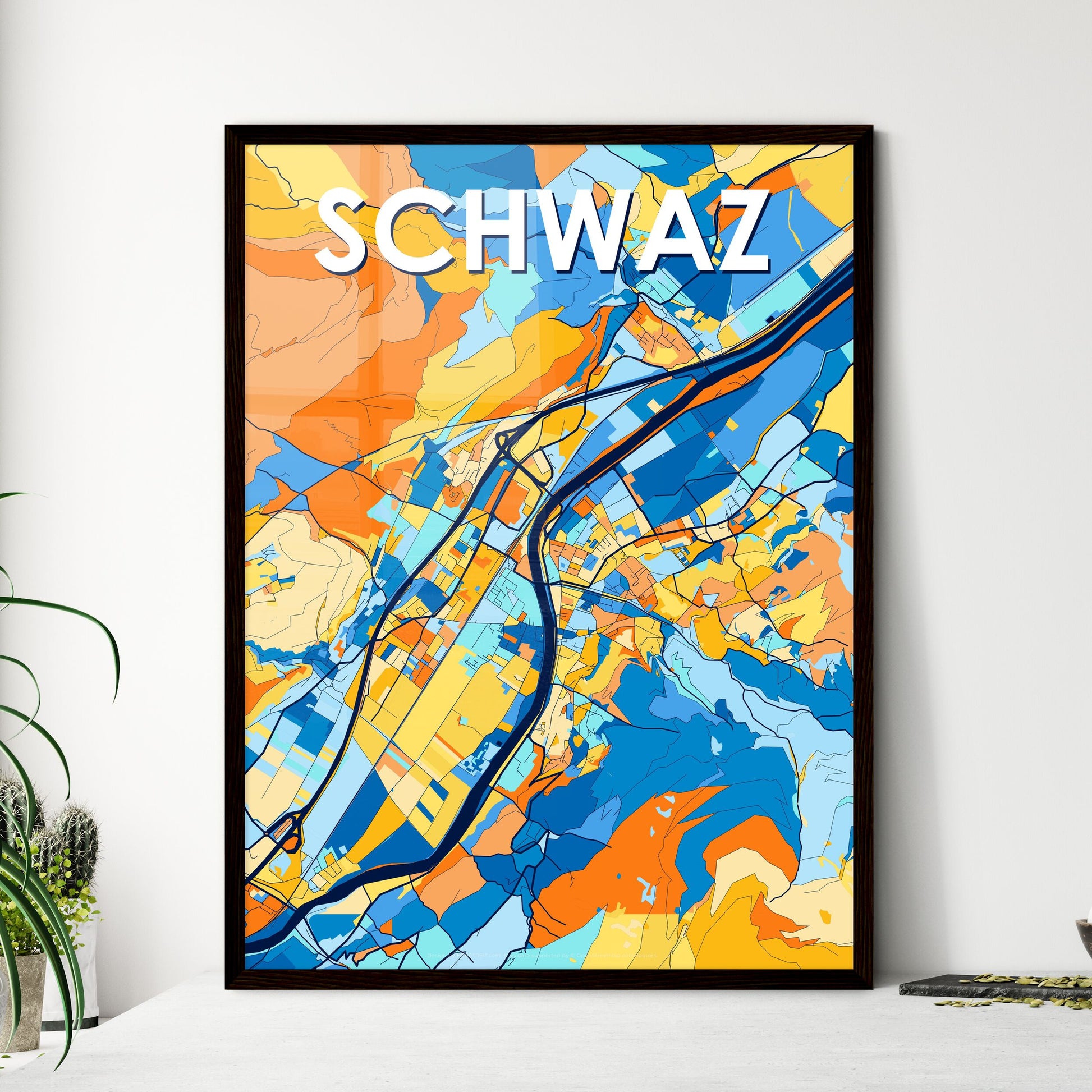 SCHWAZ AUSTRIA Vibrant Colorful Art Map Poster Blue Orange