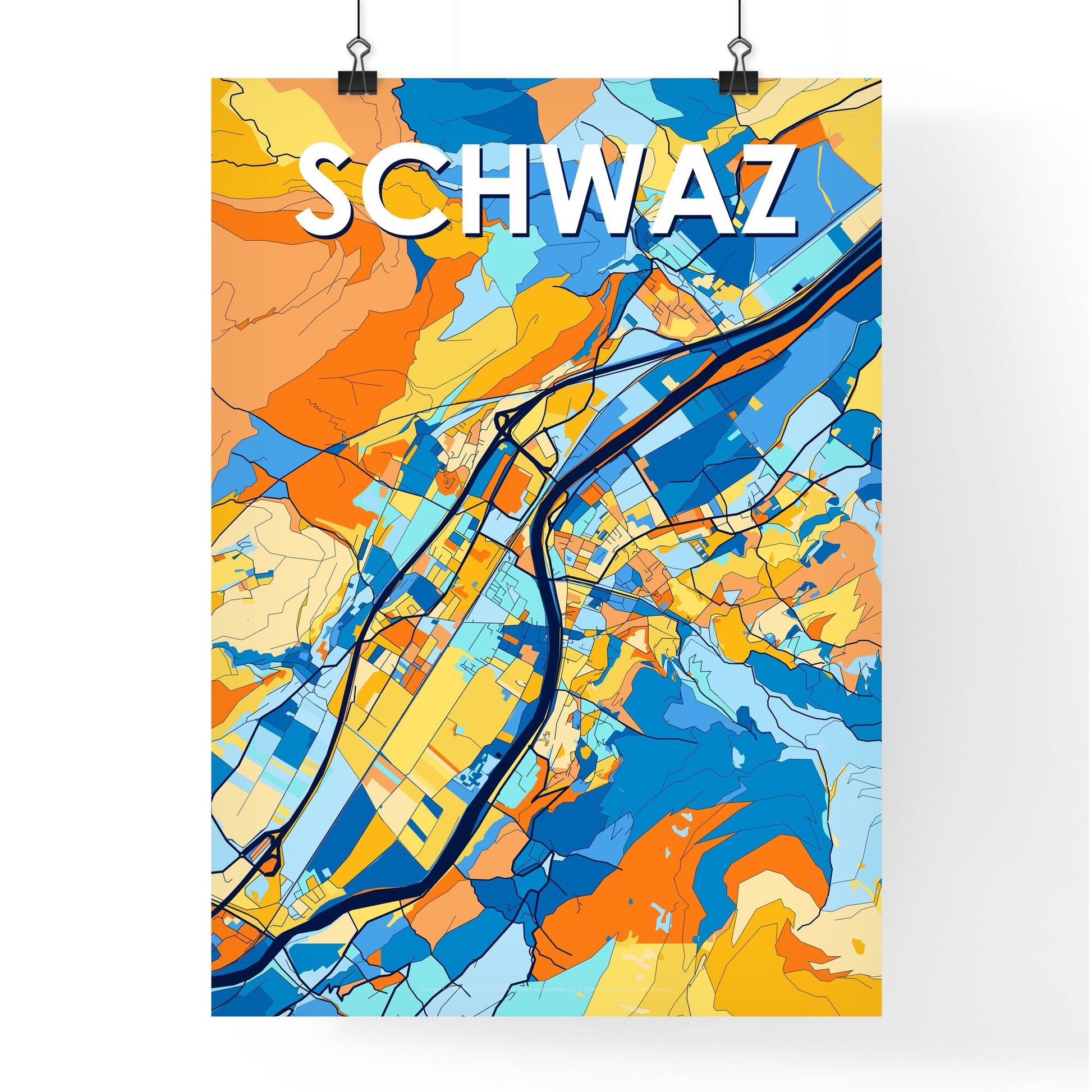 SCHWAZ AUSTRIA Vibrant Colorful Art Map Poster Blue Orange