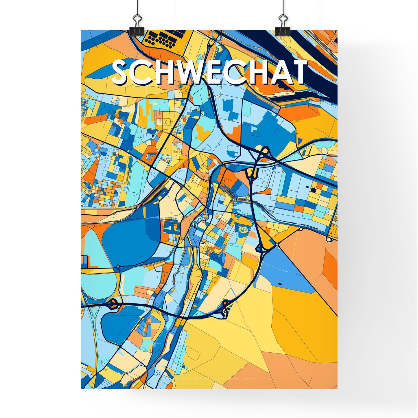 SCHWECHAT AUSTRIA Vibrant Colorful Art Map Poster Blue Orange