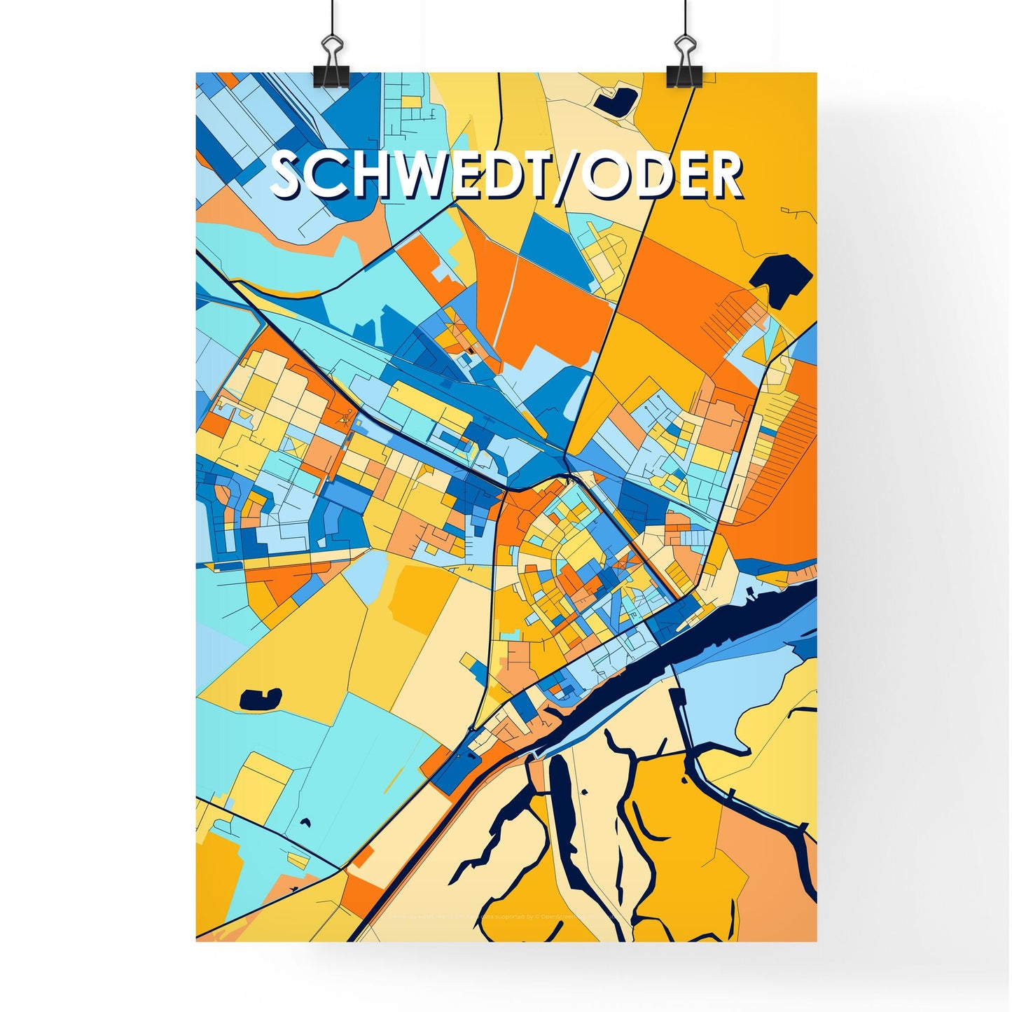 SCHWEDT/ODER GERMANY Vibrant Colorful Art Map Poster Blue Orange