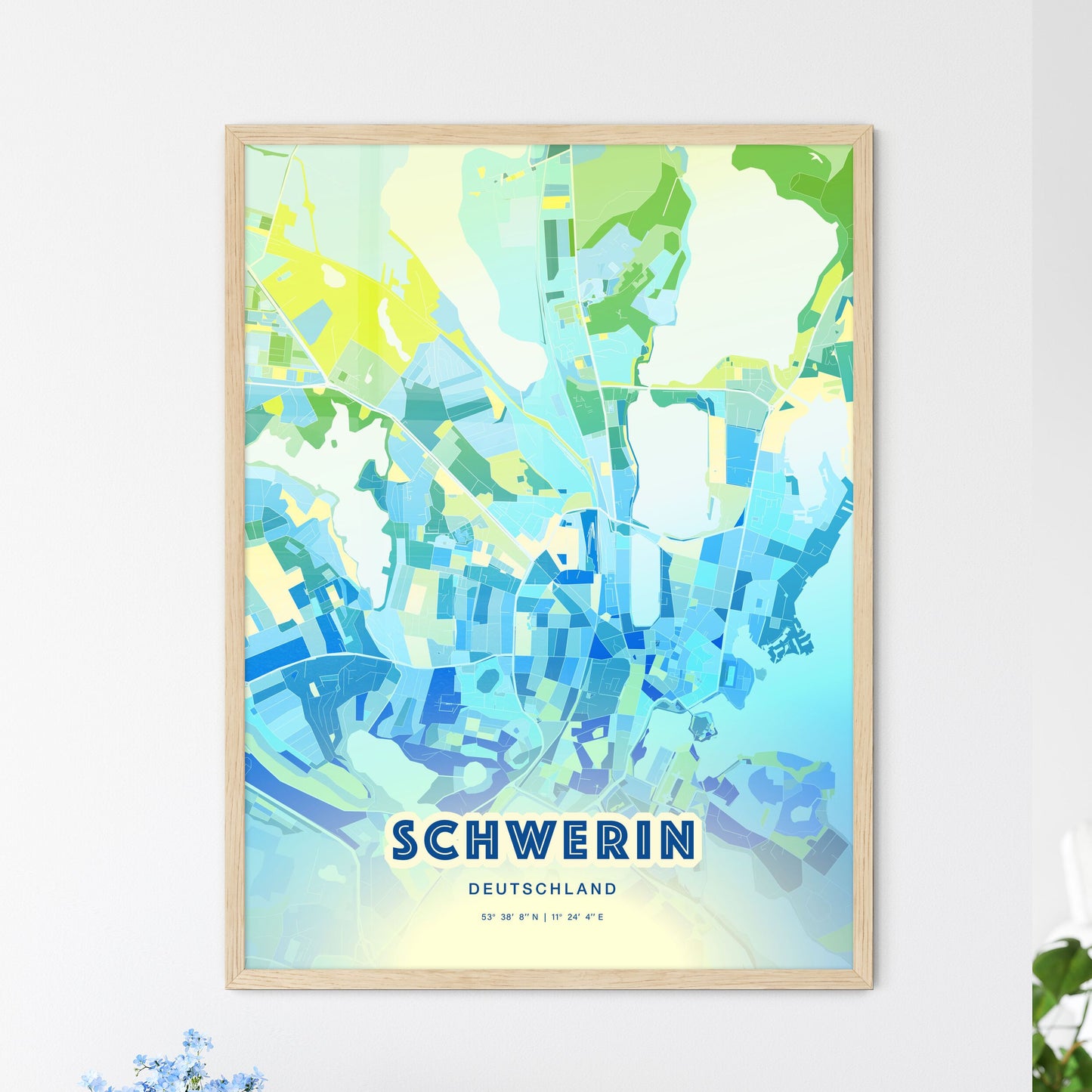 Colorful Schwerin Germany Fine Art Map Cool Blue