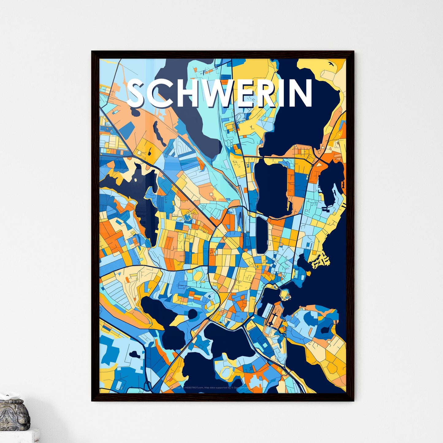 SCHWERIN GERMANY Vibrant Colorful Art Map Poster Blue Orange