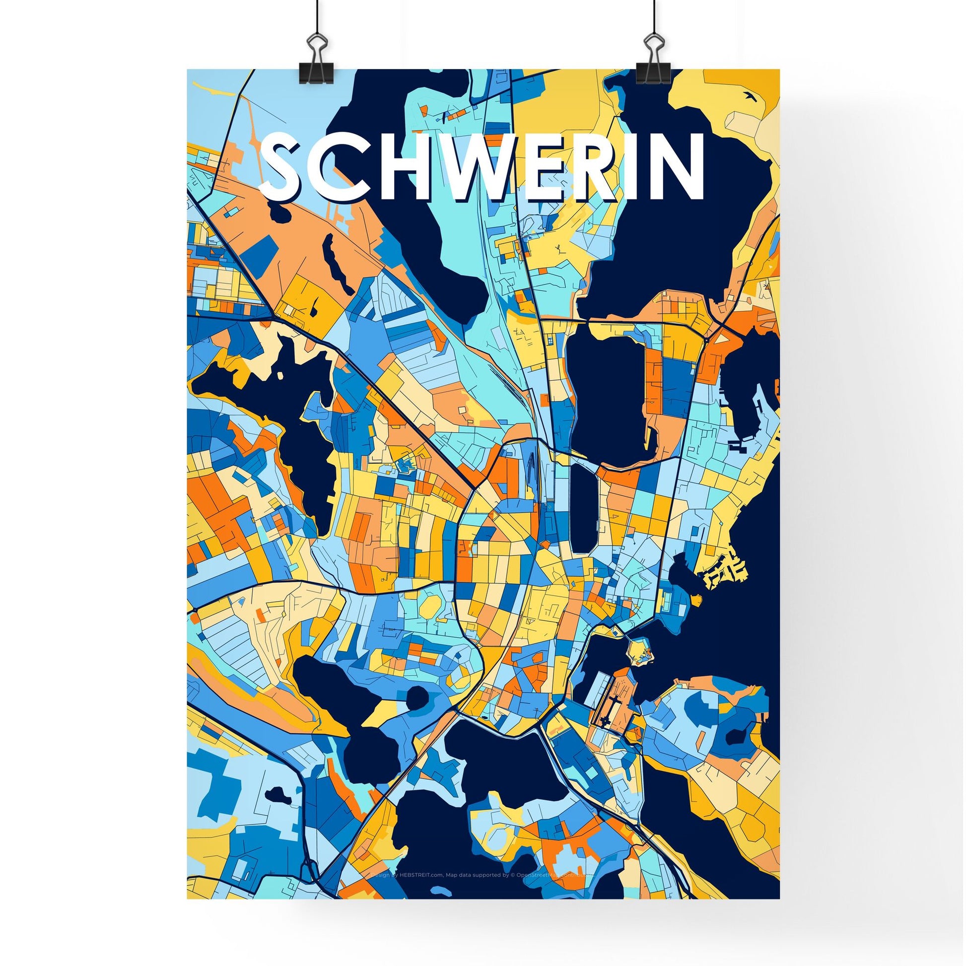 SCHWERIN GERMANY Vibrant Colorful Art Map Poster Blue Orange