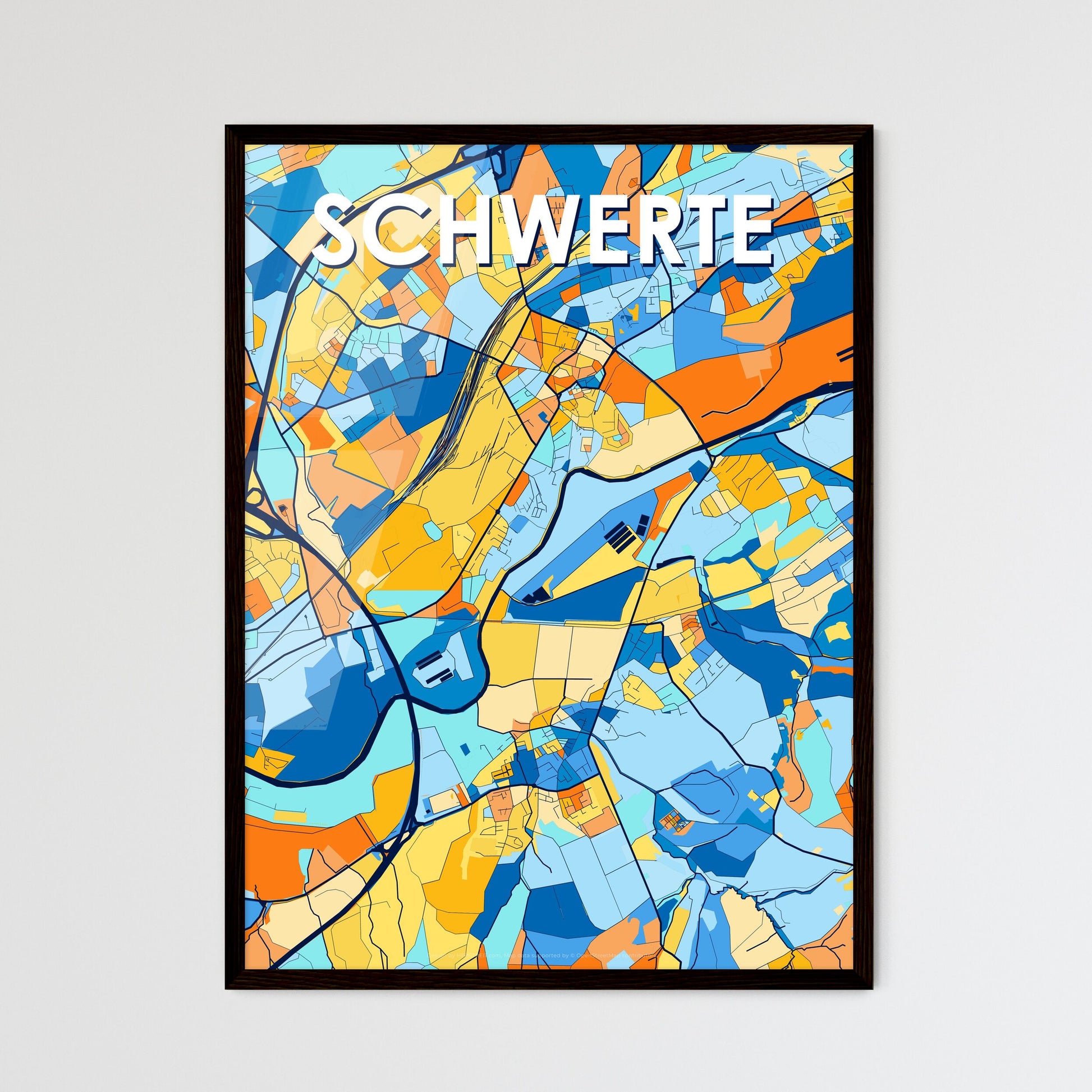 SCHWERTE GERMANY Vibrant Colorful Art Map Poster Blue Orange