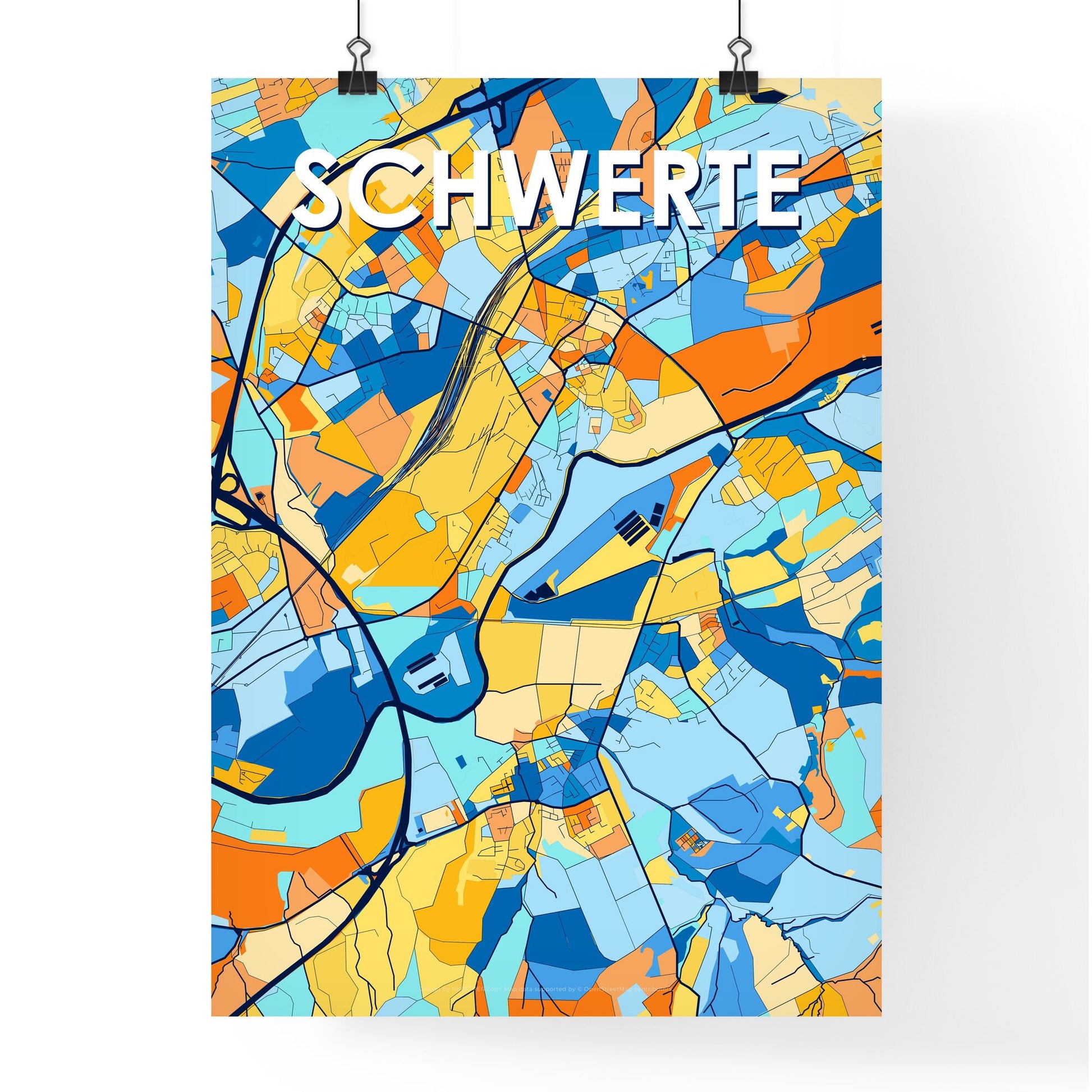 SCHWERTE GERMANY Vibrant Colorful Art Map Poster Blue Orange