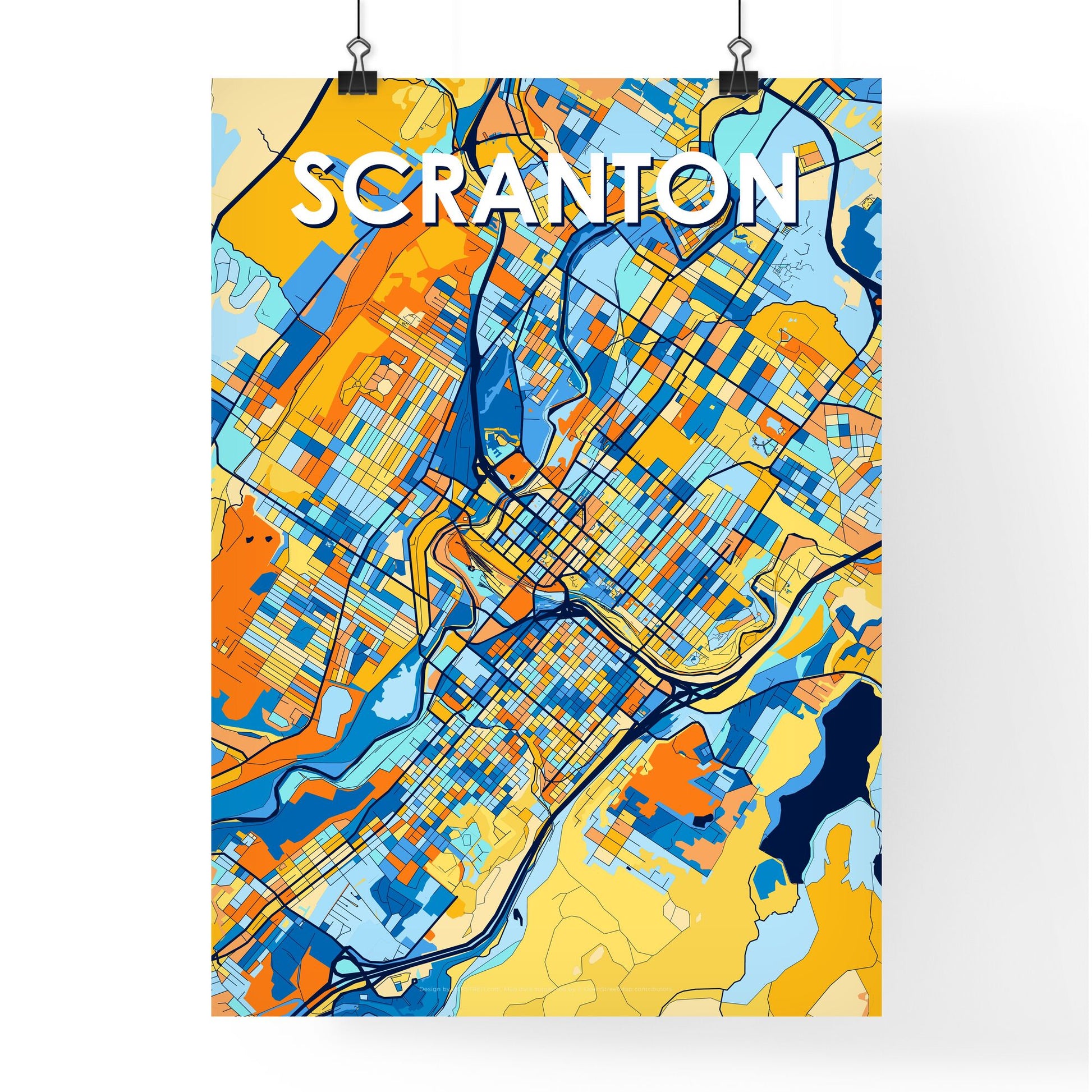 SCRANTON PENNSYLVANIA Vibrant Colorful Art Map Poster Blue Orange