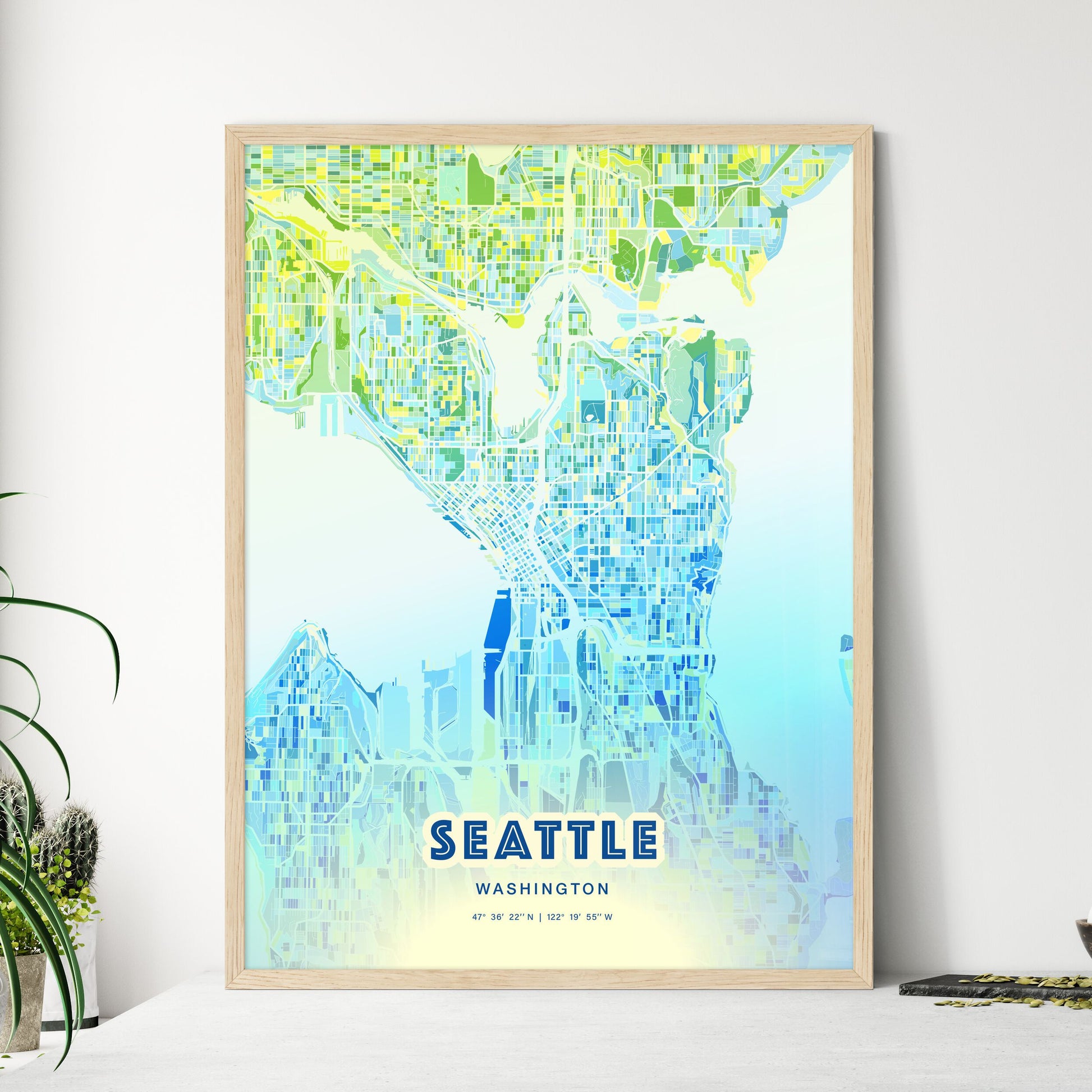 Colorful Seattle Washington Fine Art Map Cool Blue
