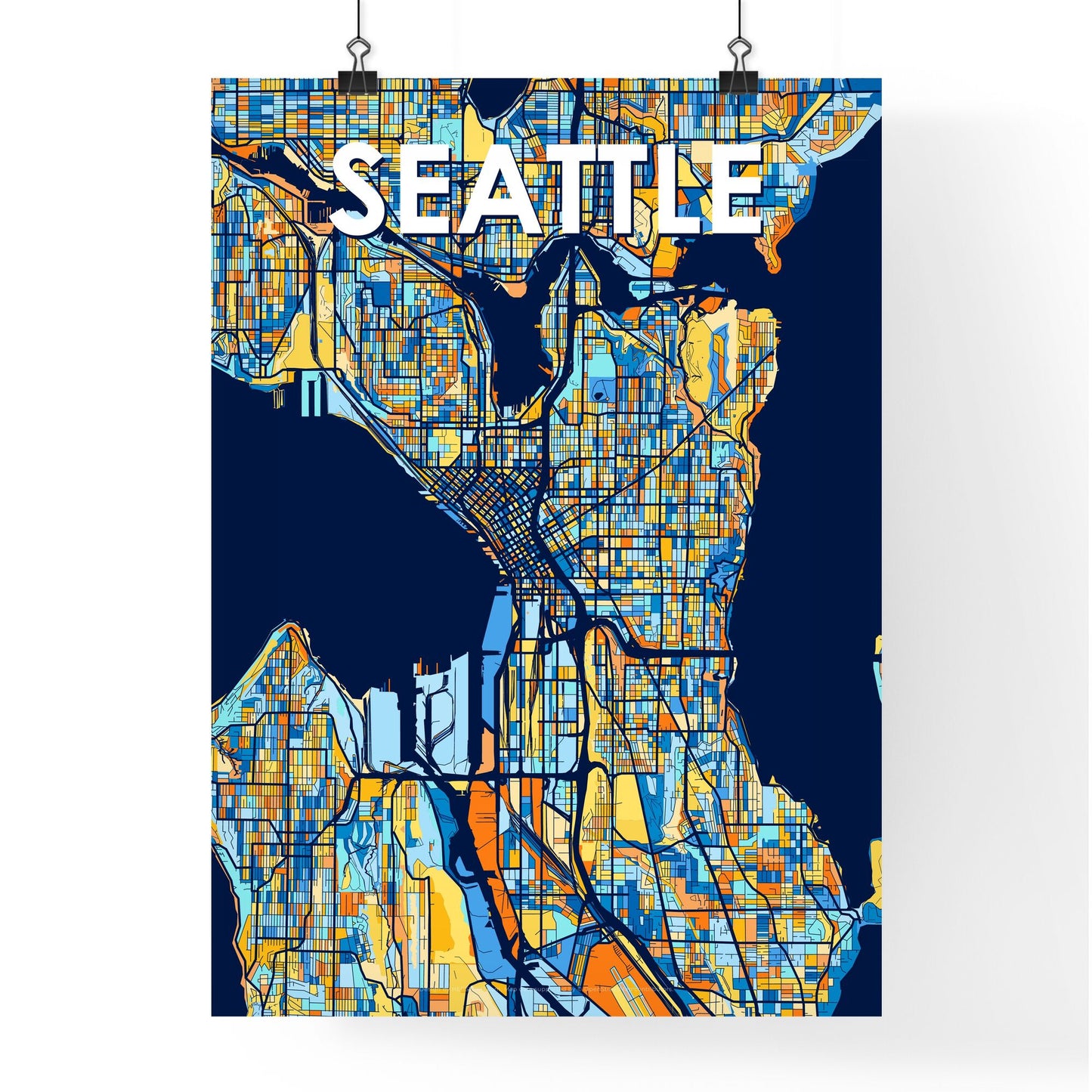 SEATTLE WASHINGTON Vibrant Colorful Art Map Poster Blue Orange