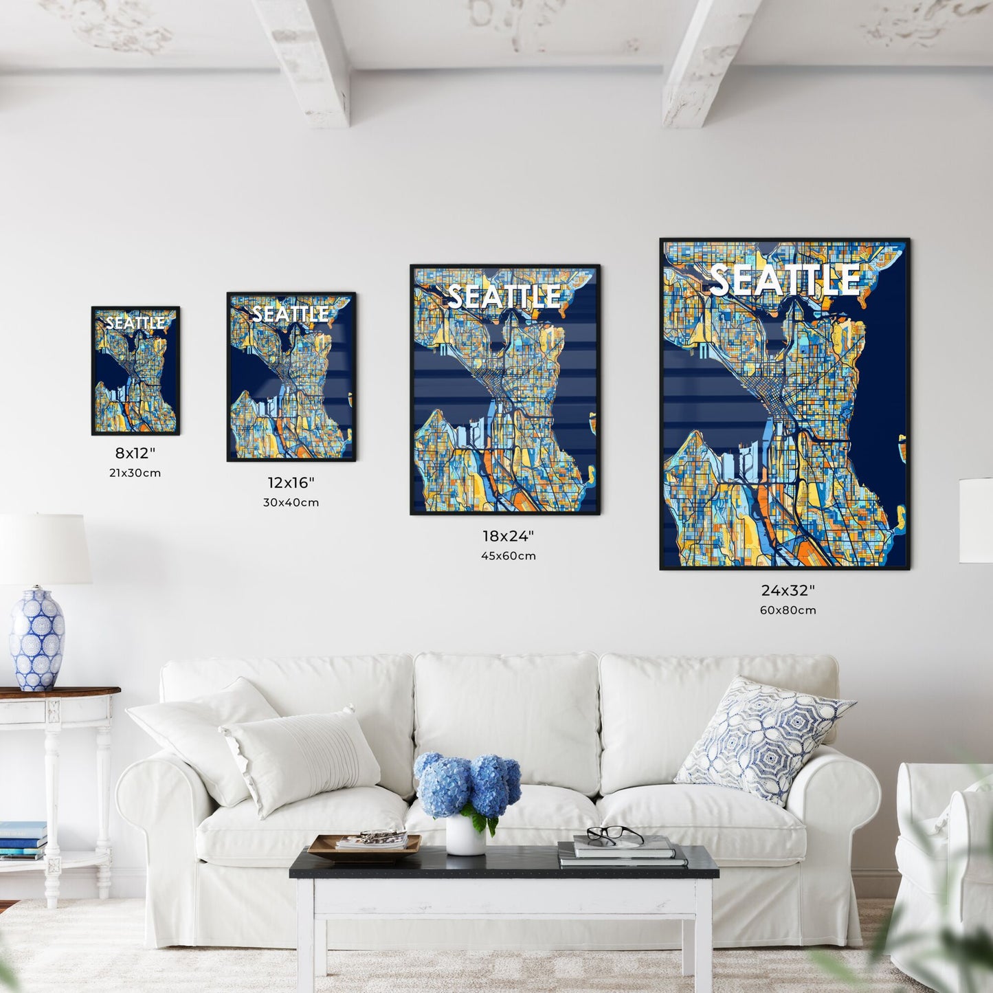 SEATTLE WASHINGTON Vibrant Colorful Art Map Poster Blue Orange