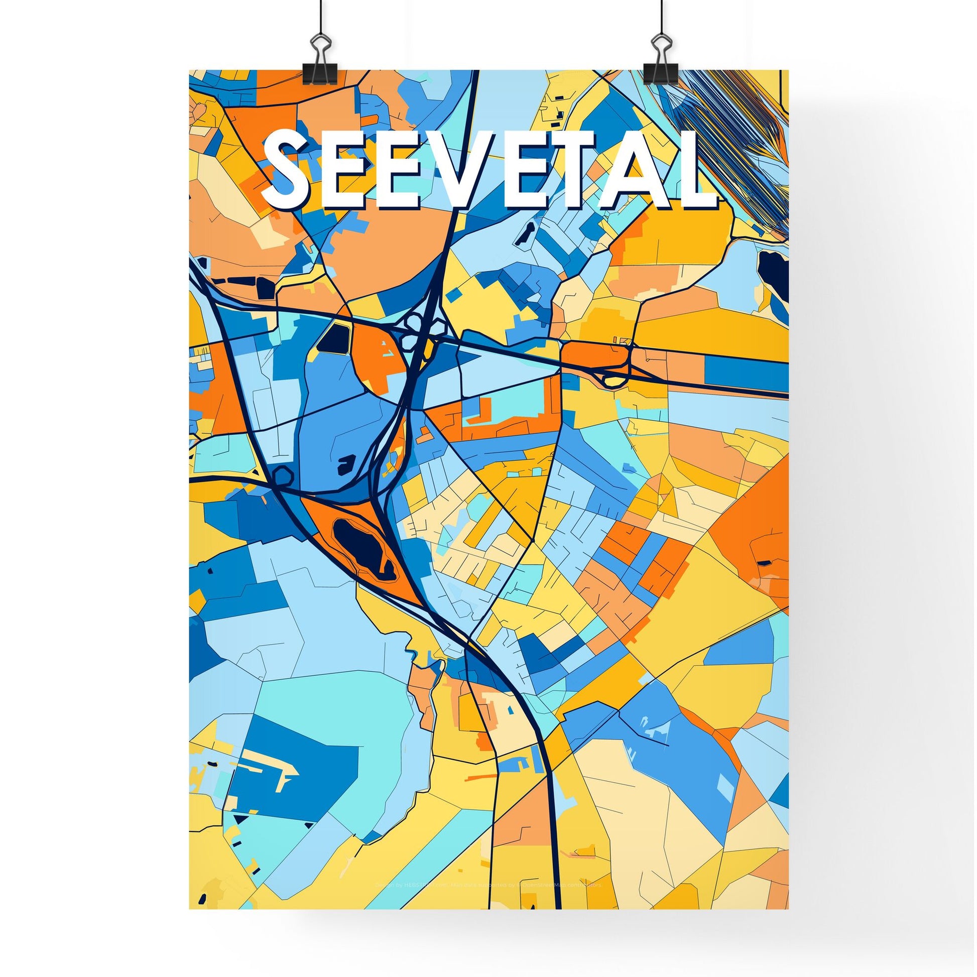 SEEVETAL GERMANY Vibrant Colorful Art Map Poster Blue Orange