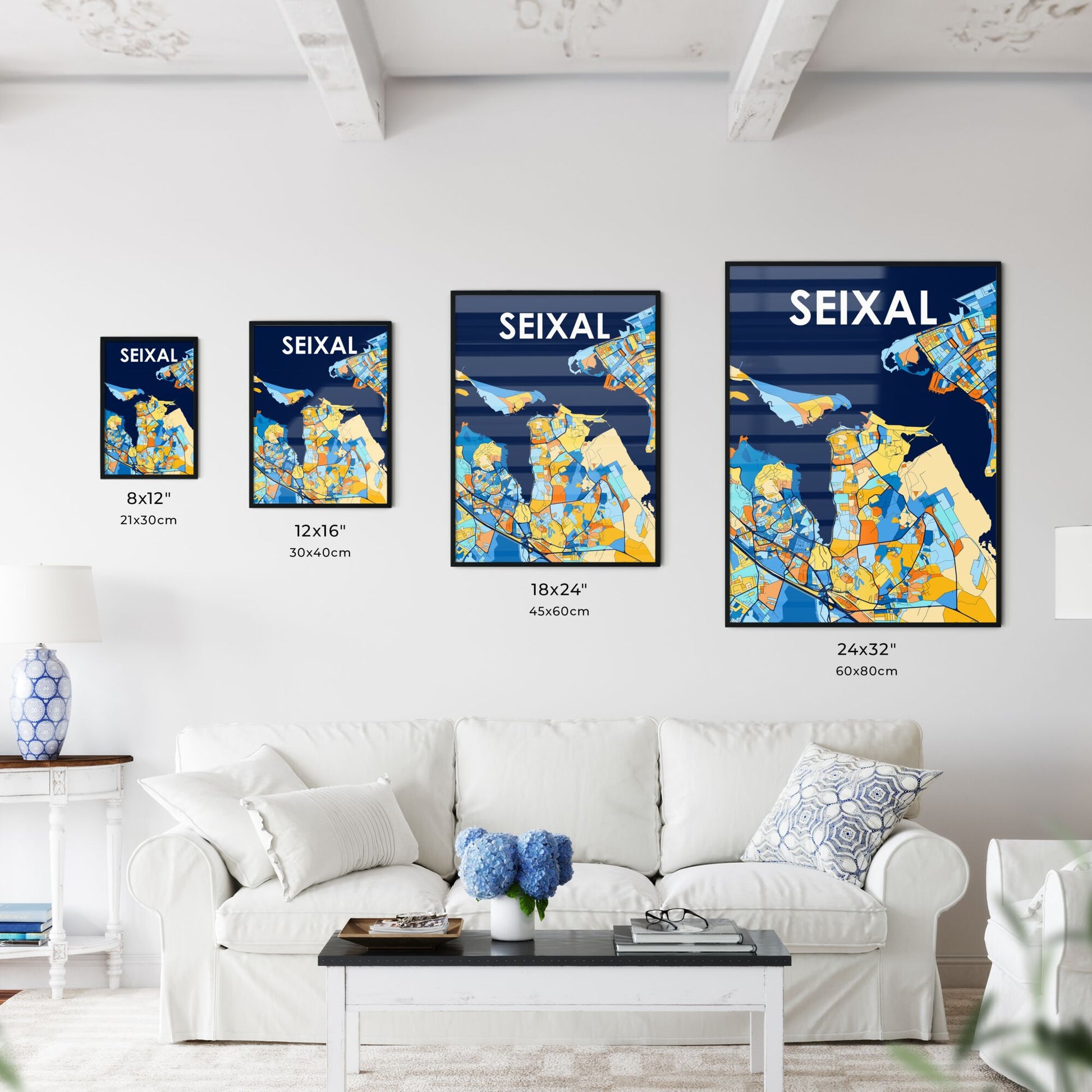 SEIXAL PORTUGAL Vibrant Colorful Art Map Poster Blue Orange