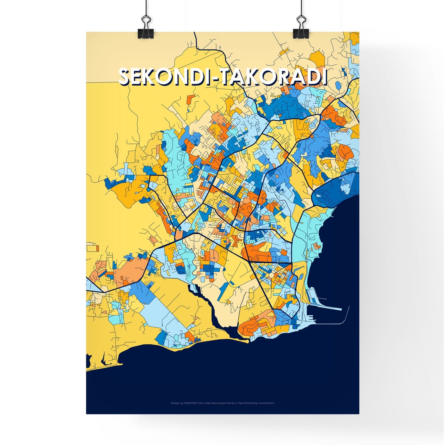 SEKONDI-TAKORADI GHANA Vibrant Colorful Art Map Poster Blue Orange