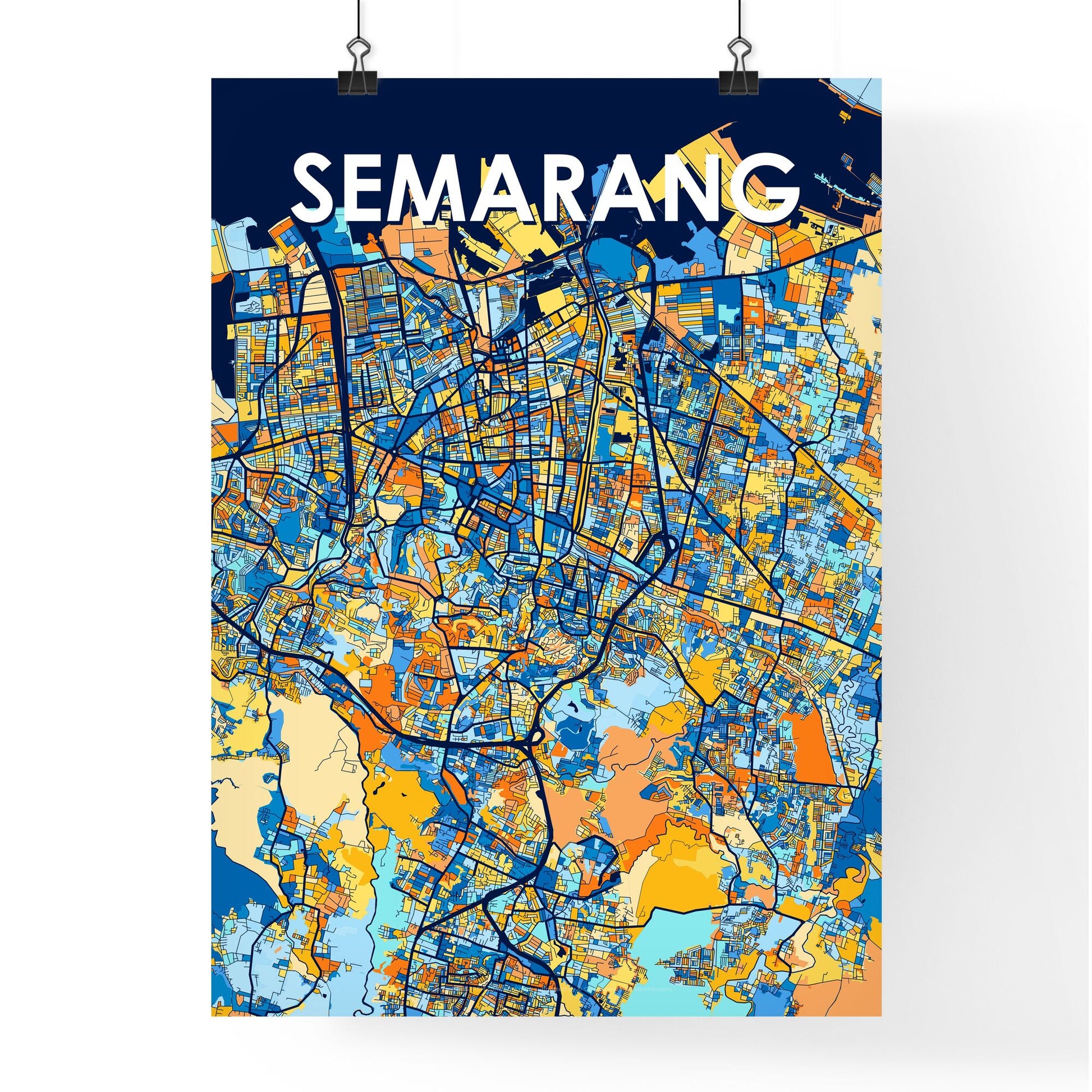 SEMARANG INDONESIA Vibrant Colorful Art Map Poster Blue Orange