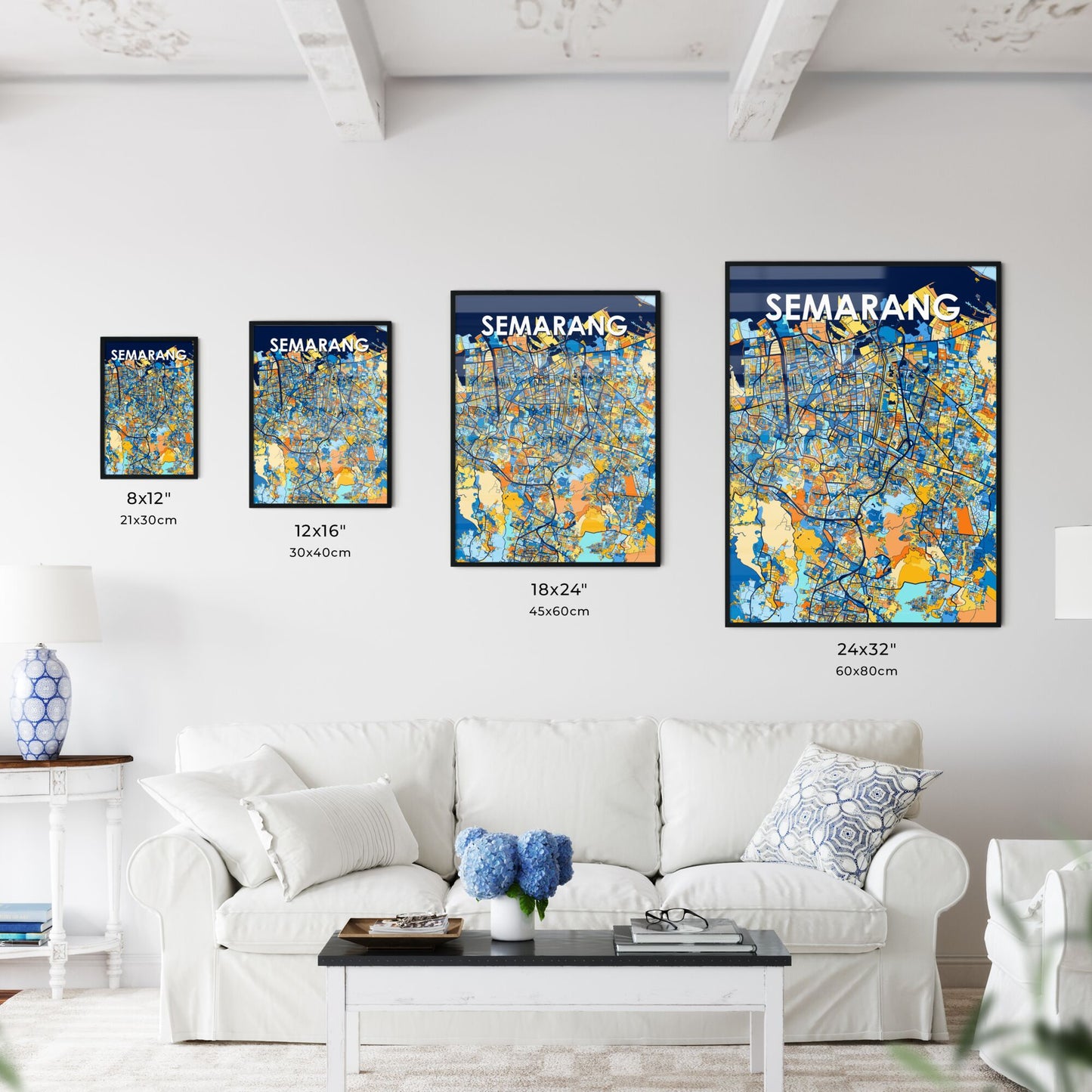 SEMARANG INDONESIA Vibrant Colorful Art Map Poster Blue Orange