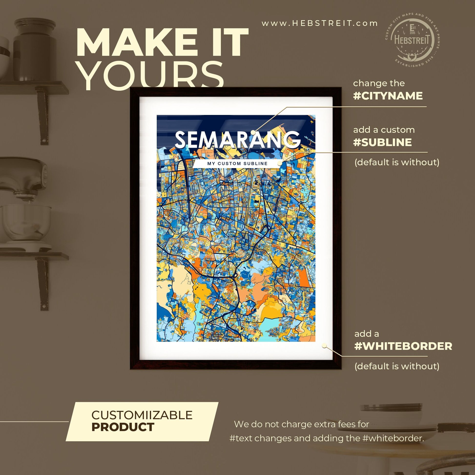 SEMARANG INDONESIA Vibrant Colorful Art Map Poster Blue Orange