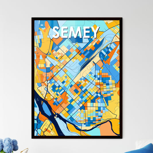 SEMEY KAZAKHSTAN Vibrant Colorful Art Map Poster Blue Orange