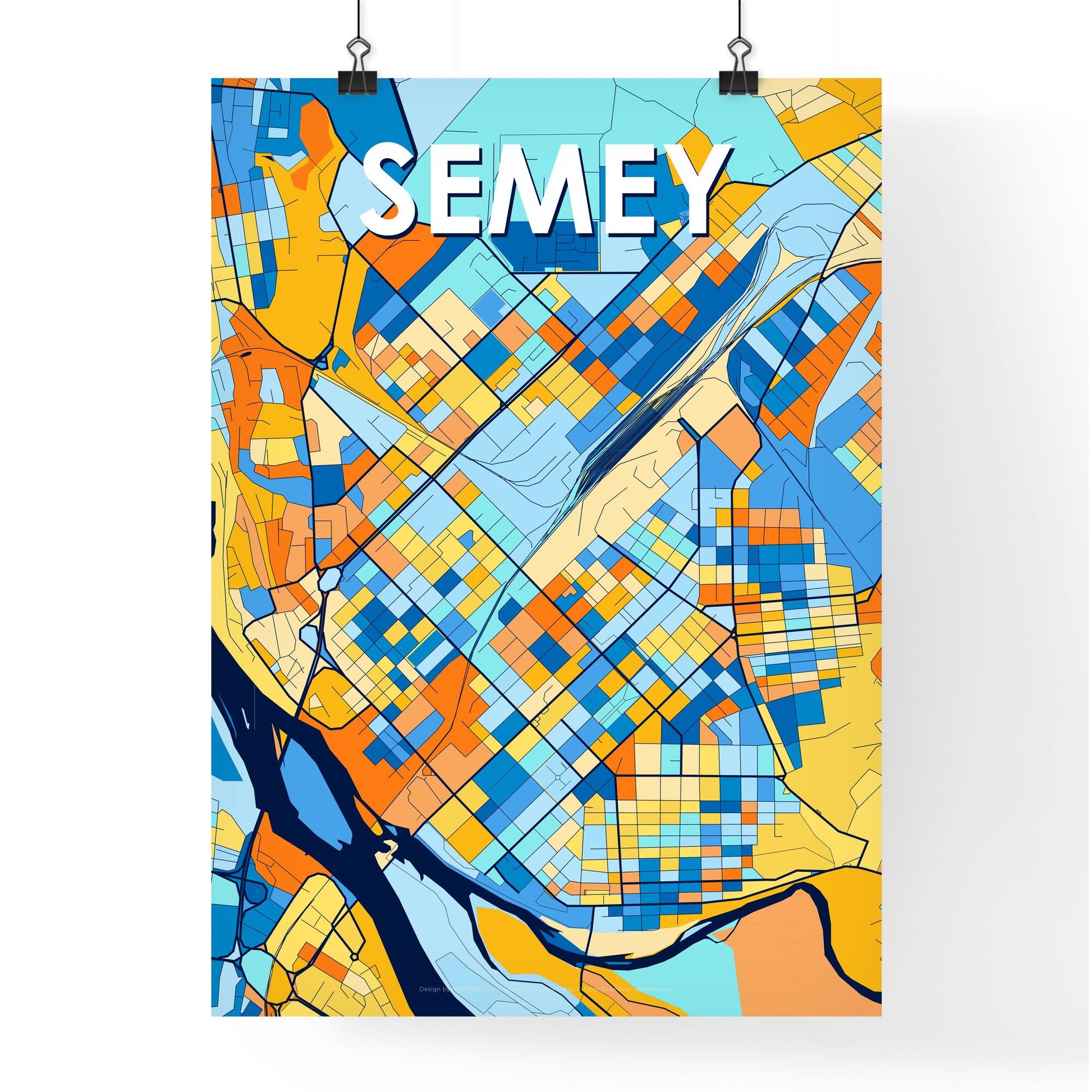 SEMEY KAZAKHSTAN Vibrant Colorful Art Map Poster Blue Orange