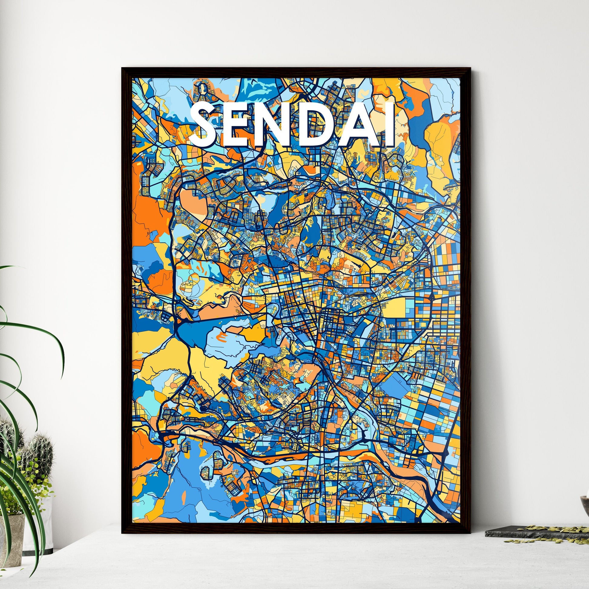 SENDAI JAPAN Vibrant Colorful Art Map Poster Blue Orange