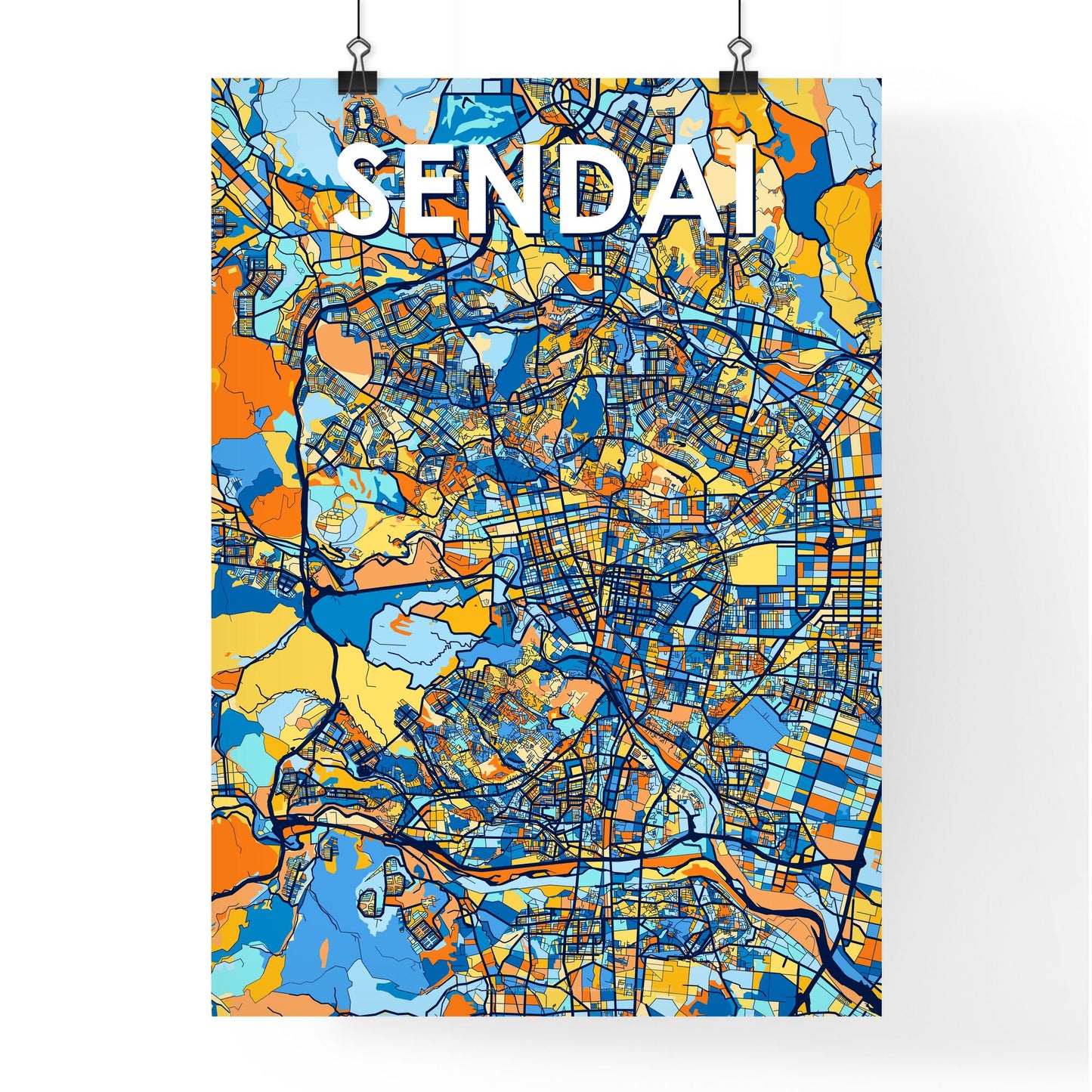 SENDAI JAPAN Vibrant Colorful Art Map Poster Blue Orange