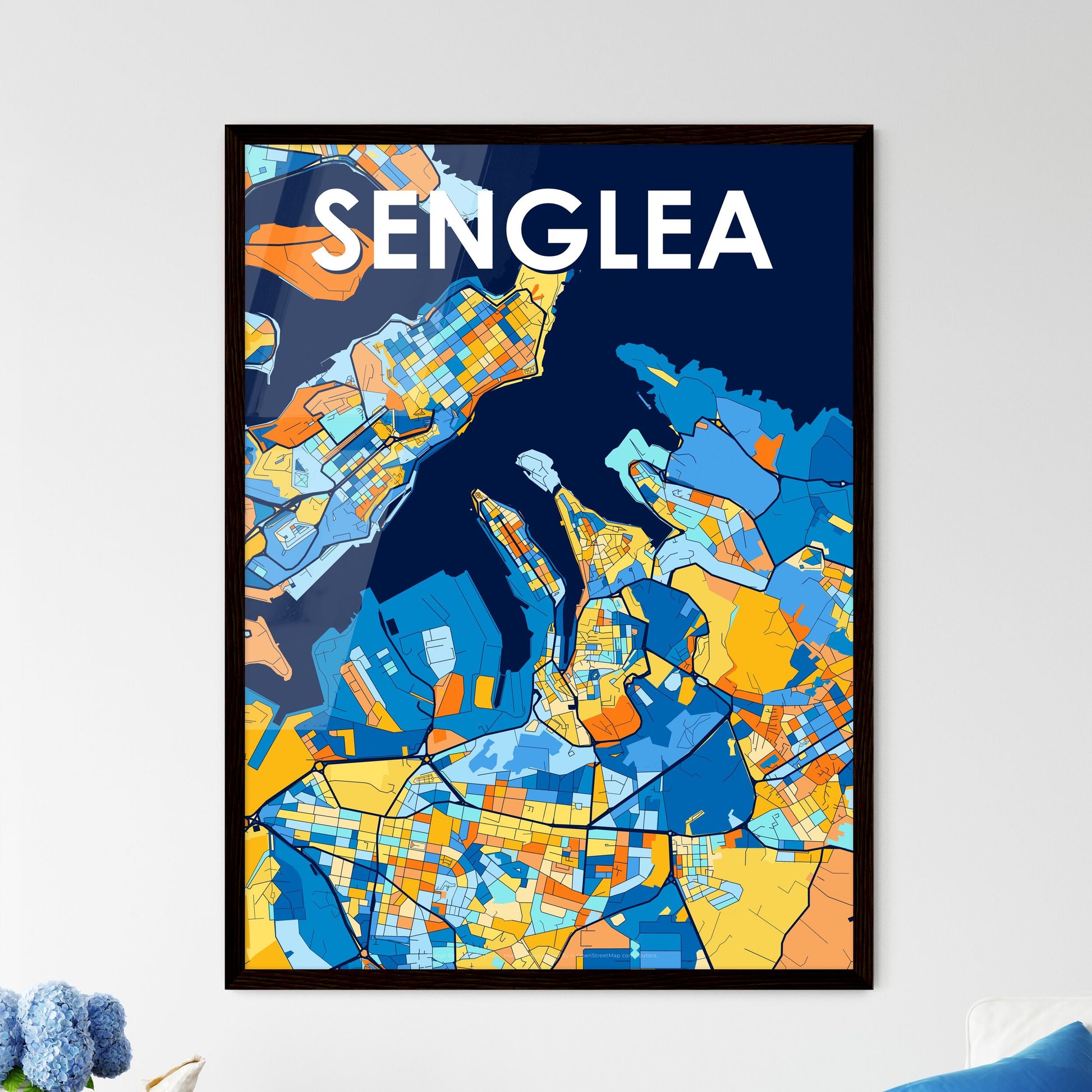 SENGLEA MALTA Vibrant Colorful Art Map Poster Blue Orange