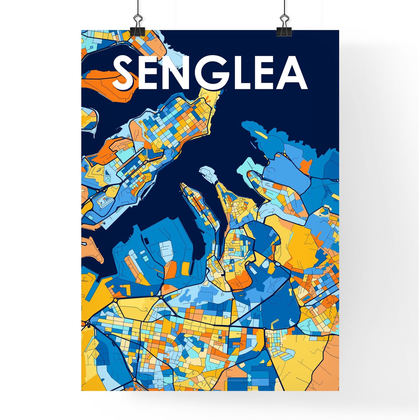 SENGLEA MALTA Vibrant Colorful Art Map Poster Blue Orange