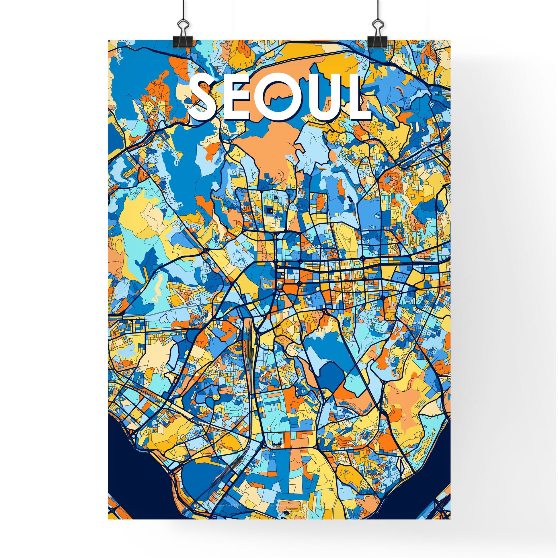 SEOUL SOUTH KOREA Vibrant Colorful Art Map Poster Blue Orange