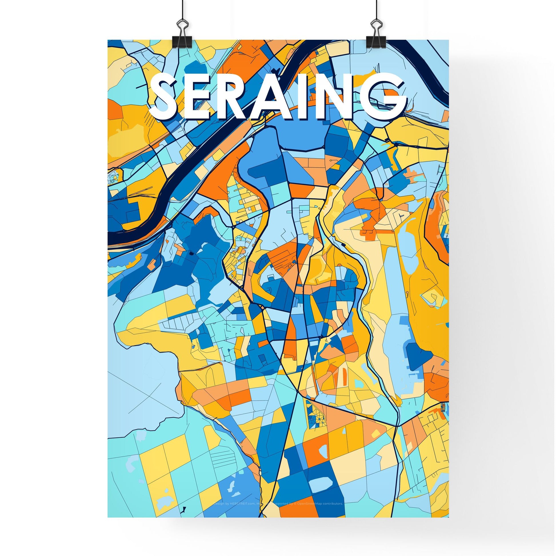 SERAING BELGIUM Vibrant Colorful Art Map Poster Blue Orange