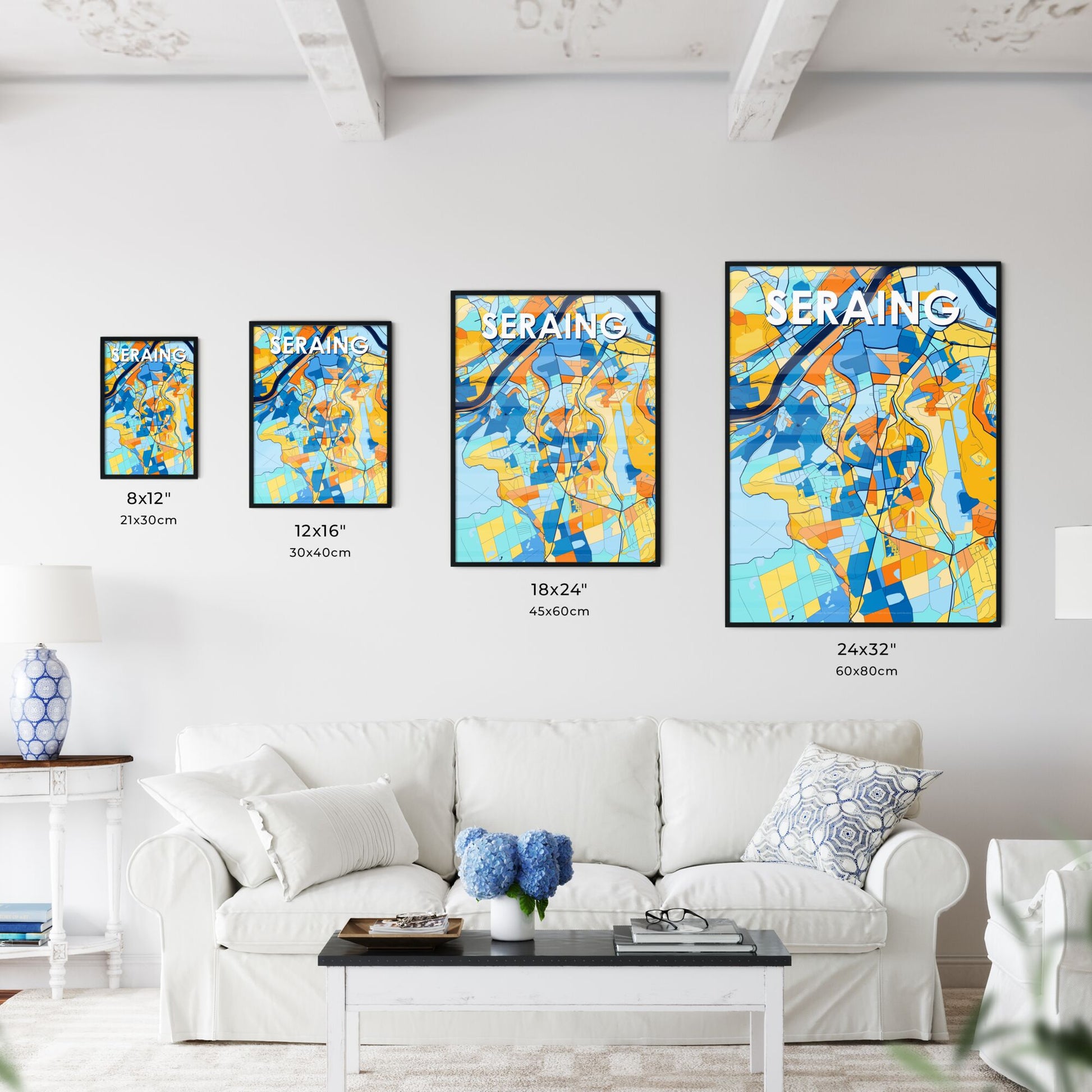 SERAING BELGIUM Vibrant Colorful Art Map Poster Blue Orange