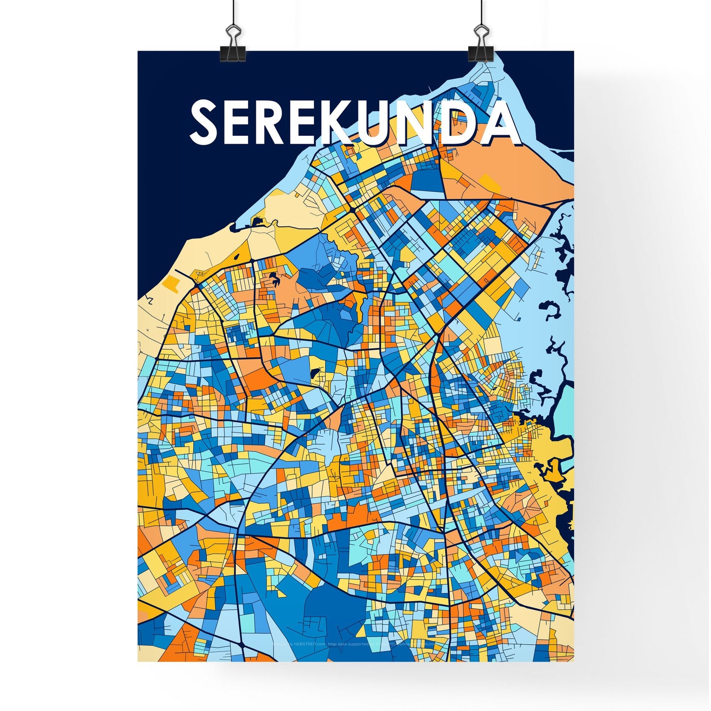 SEREKUNDA GAMBIA Vibrant Colorful Art Map Poster Blue Orange