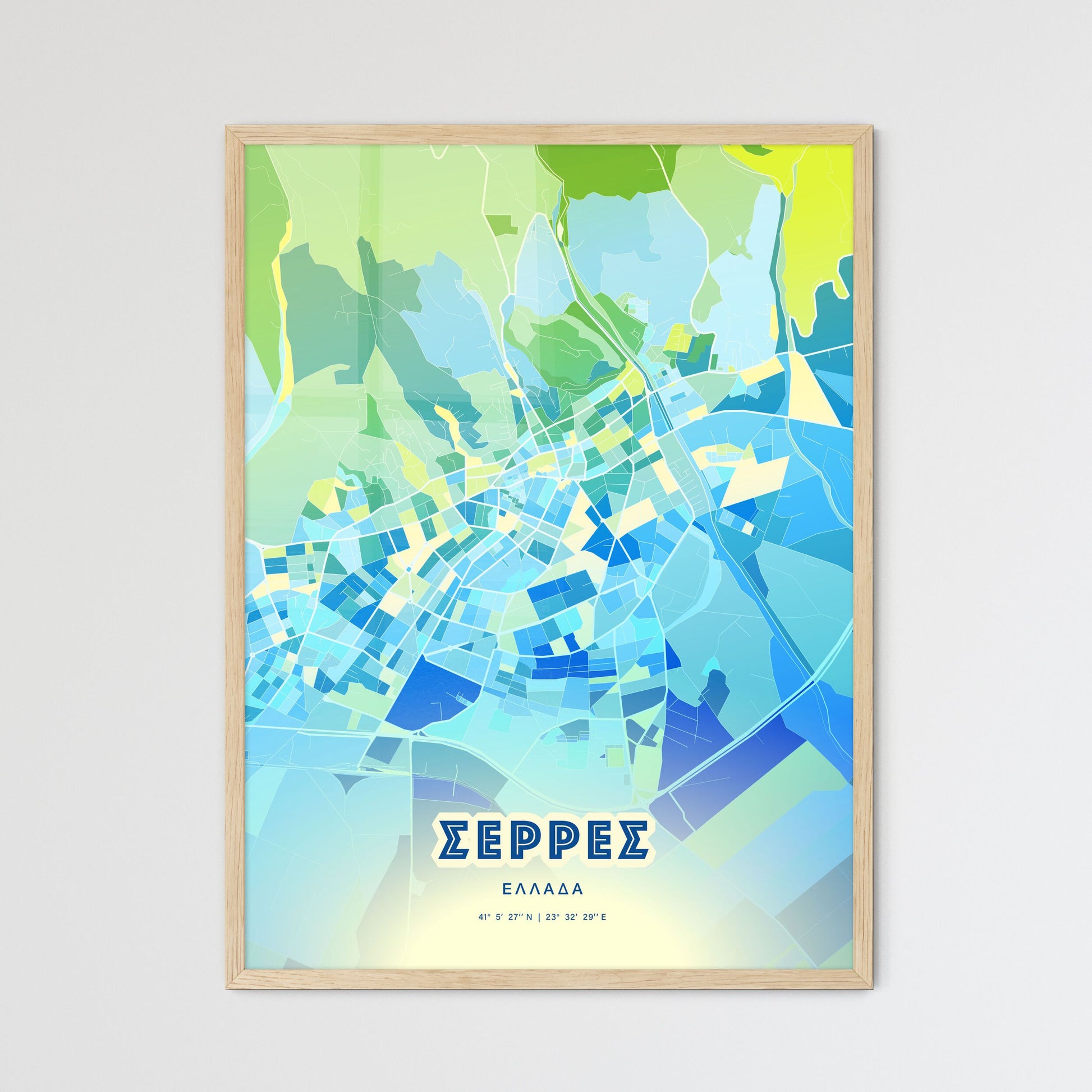 Colorful Serres Greece Fine Art Map Cool Blue