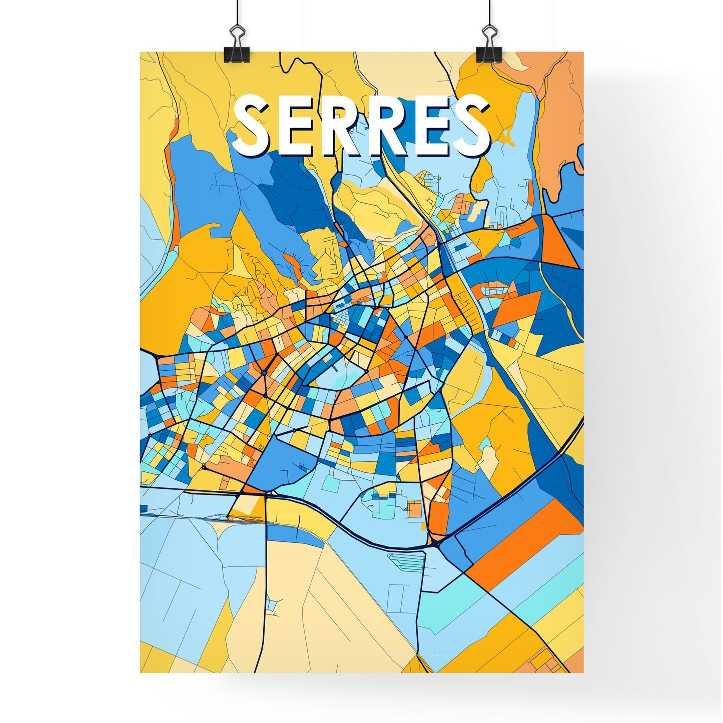 SERRES GREECE Vibrant Colorful Art Map Poster Blue Orange