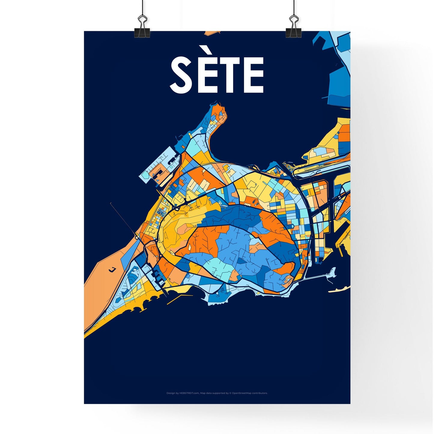 SÈTE FRANCE Vibrant Colorful Art Map Poster Blue Orange