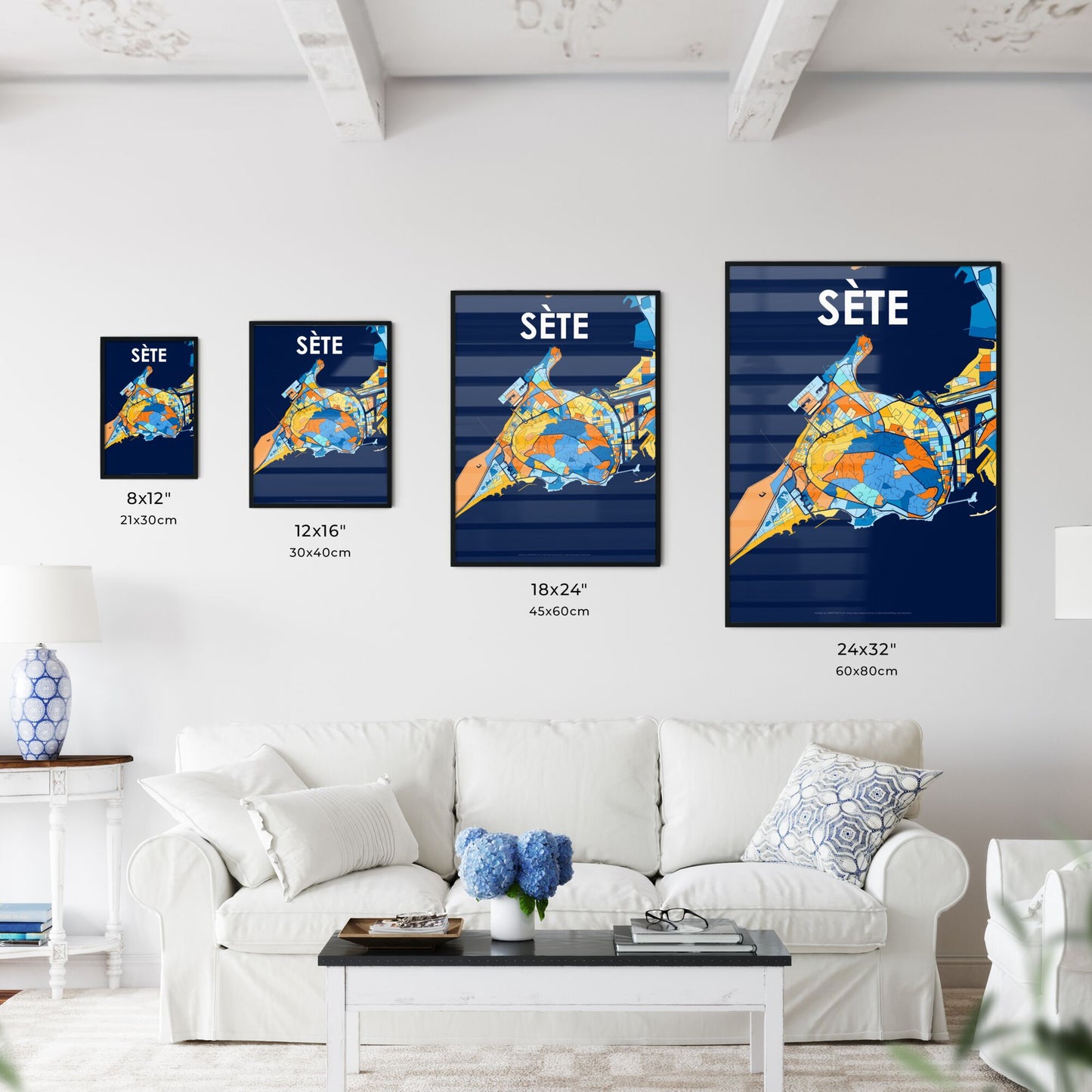 SÈTE FRANCE Vibrant Colorful Art Map Poster Blue Orange