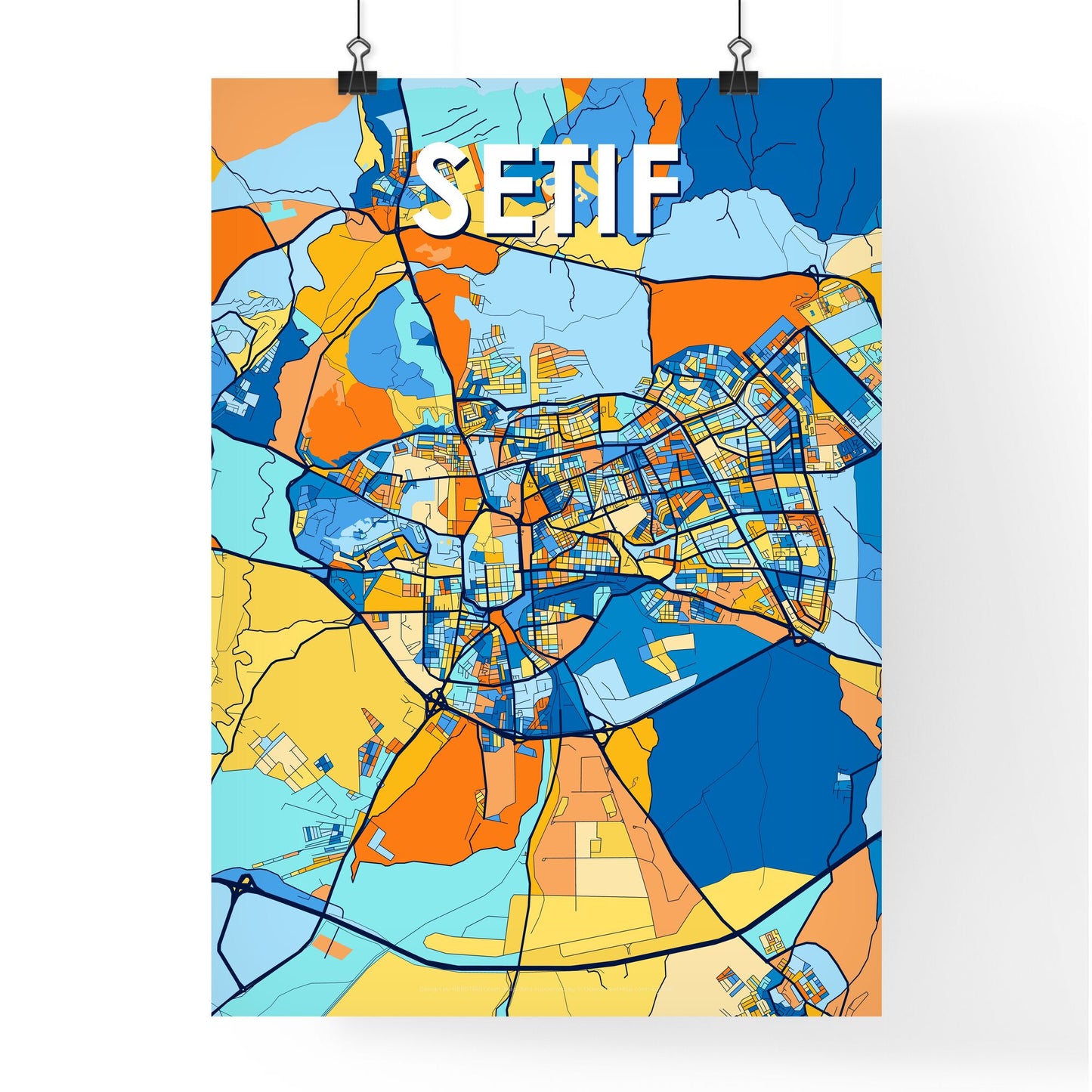 SETIF ALGERIA Vibrant Colorful Art Map Poster Blue Orange