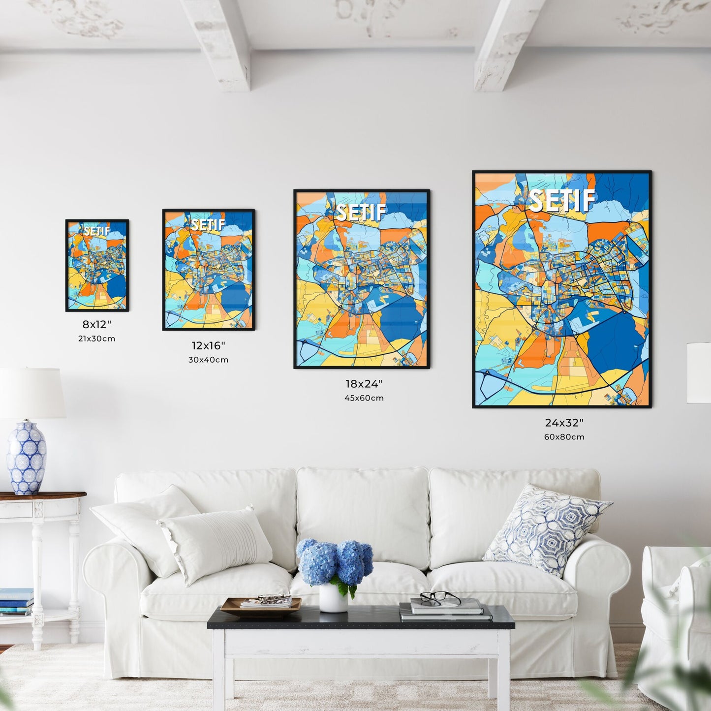 SETIF ALGERIA Vibrant Colorful Art Map Poster Blue Orange