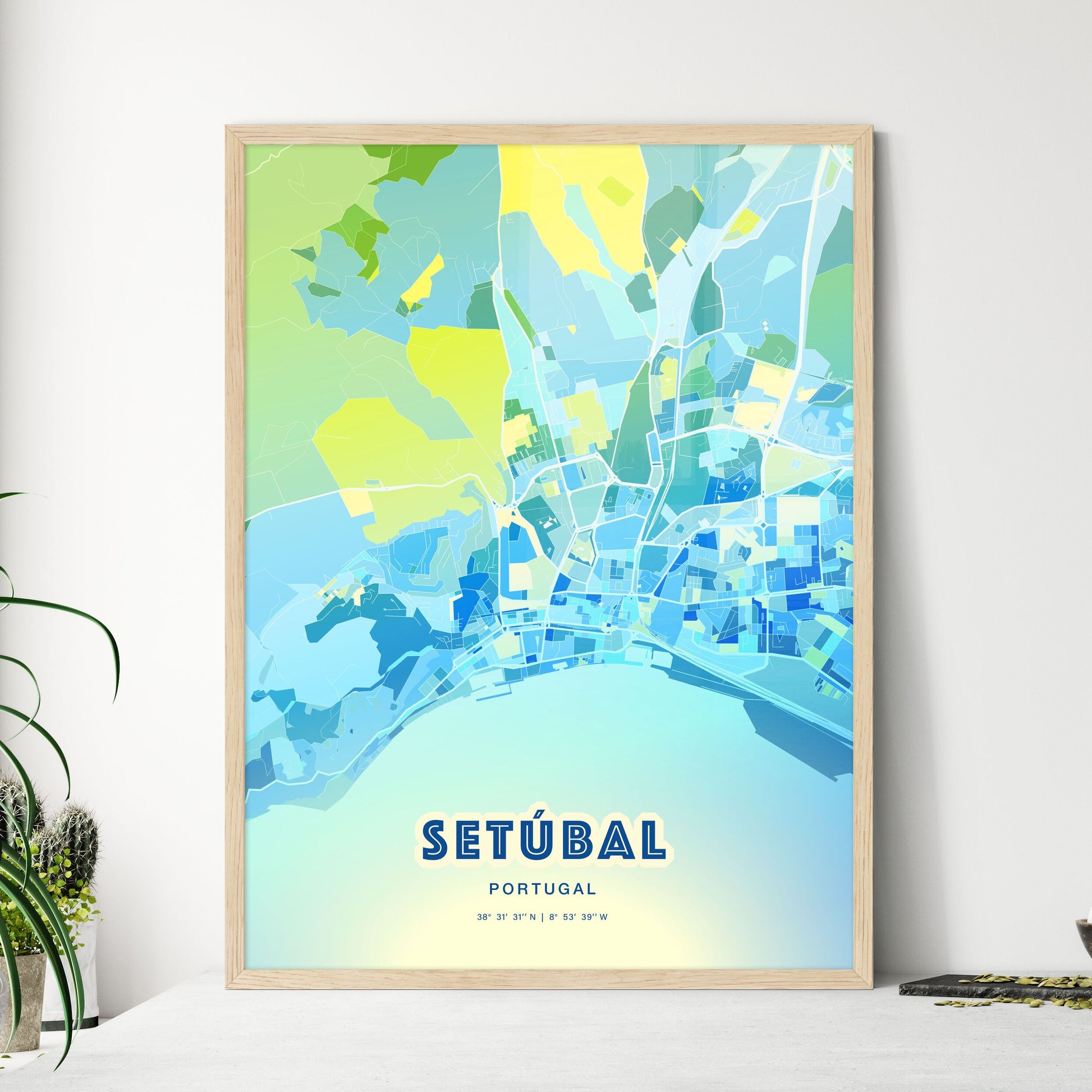 Colorful Setúbal Portugal Fine Art Map Cool Blue