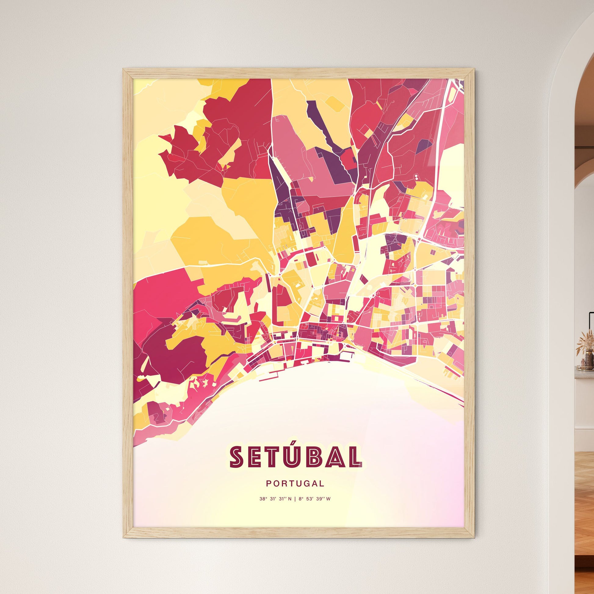 Colorful Setúbal Portugal Fine Art Map Hot Red