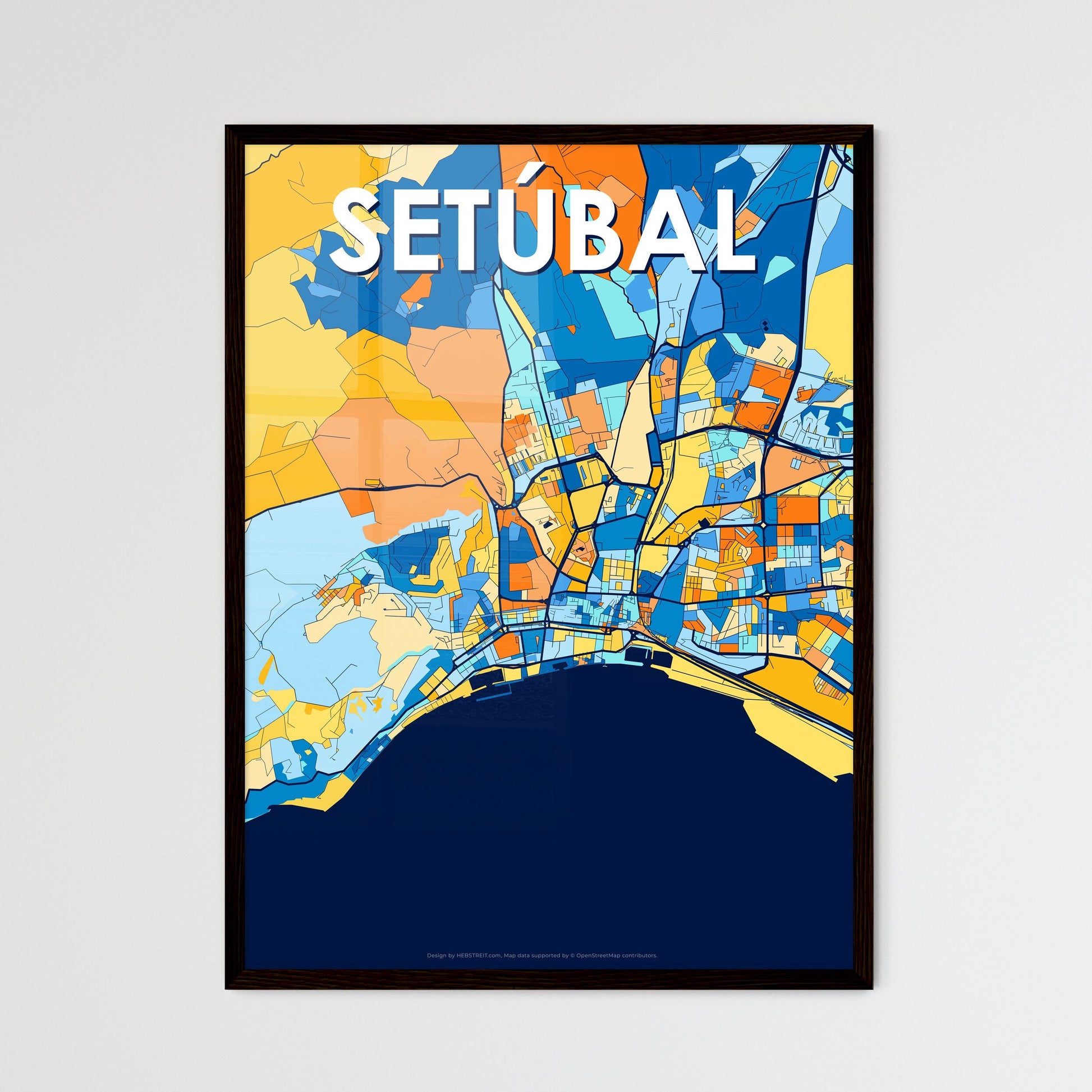 SETÚBAL PORTUGAL Vibrant Colorful Art Map Poster Blue Orange