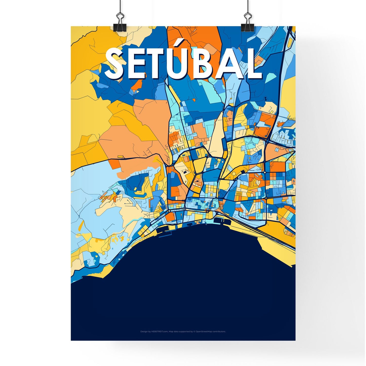 SETÚBAL PORTUGAL Vibrant Colorful Art Map Poster Blue Orange