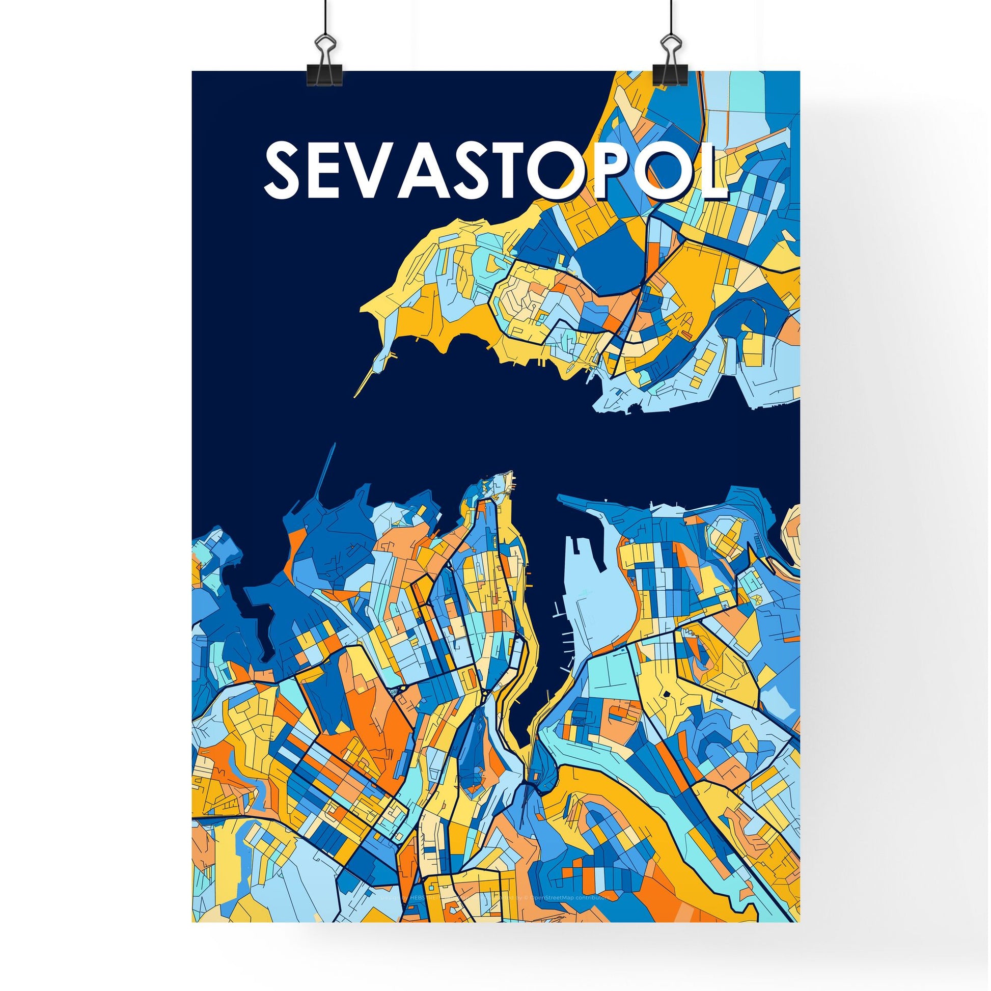 SEVASTOPOL UKRAINE Vibrant Colorful Art Map Poster Blue Orange