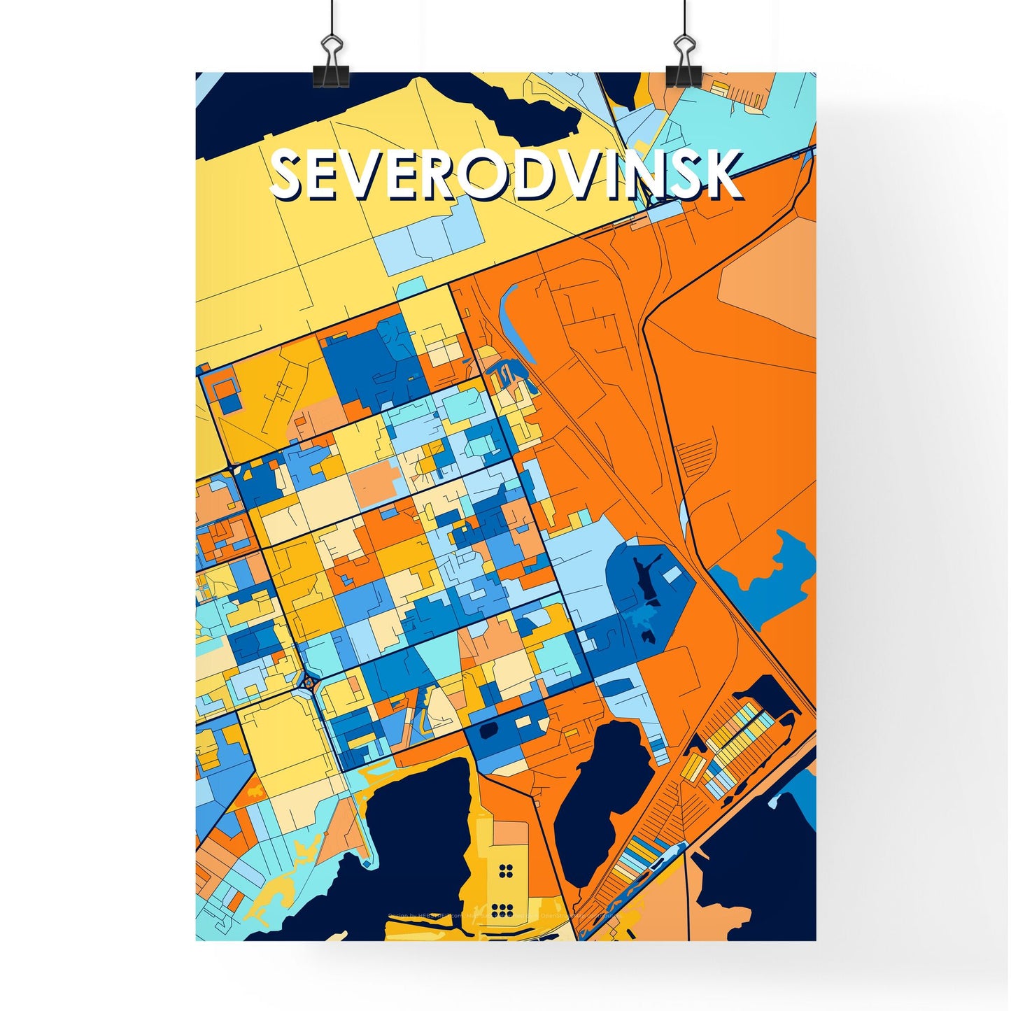 SEVERODVINSK RUSSIA Vibrant Colorful Art Map Poster Blue Orange