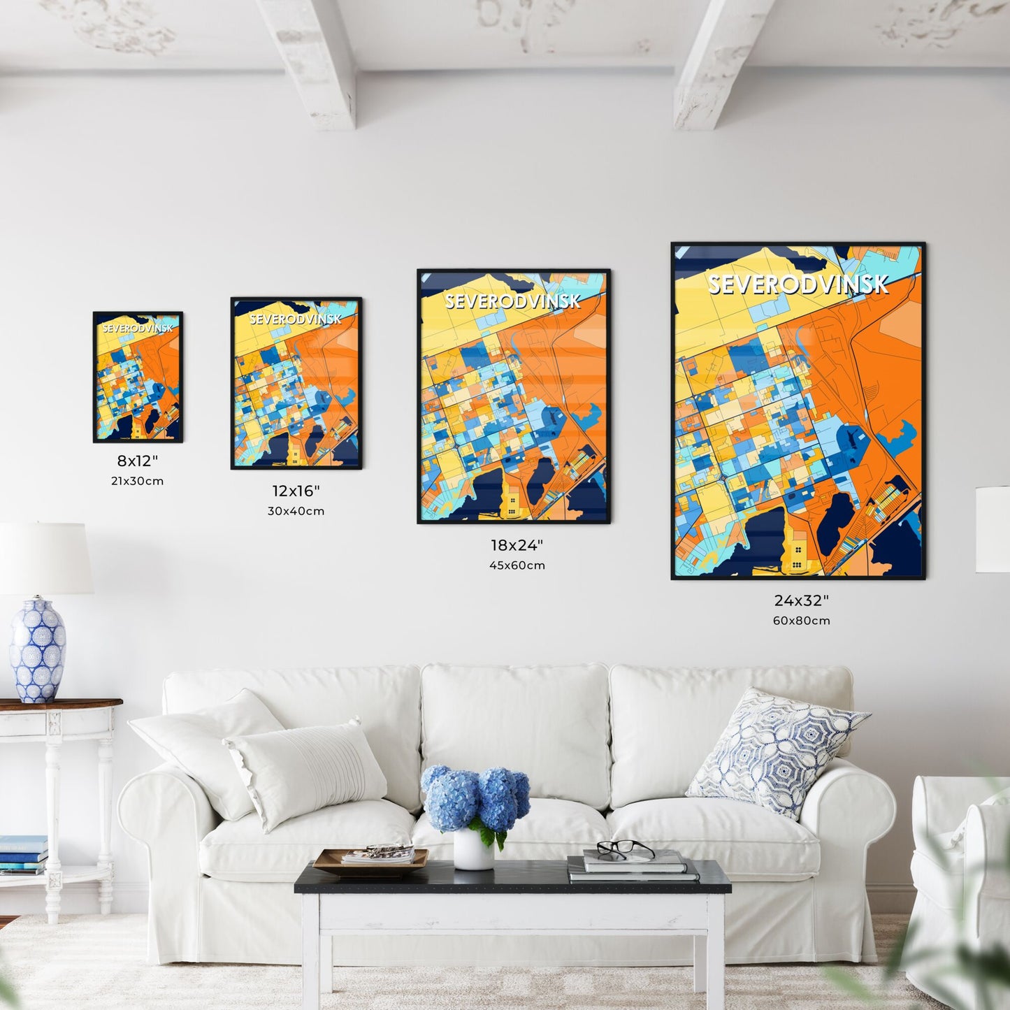 SEVERODVINSK RUSSIA Vibrant Colorful Art Map Poster Blue Orange