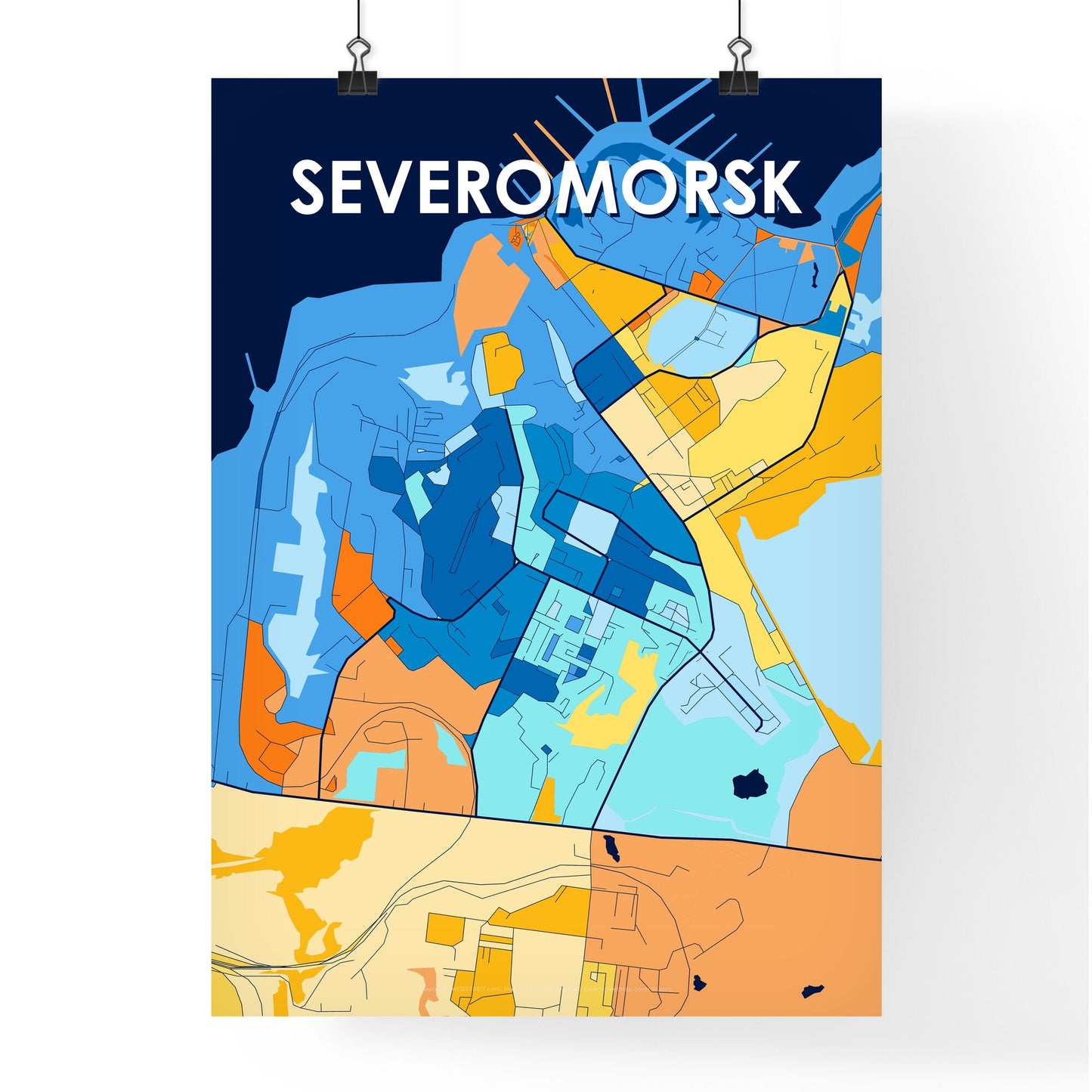 SEVEROMORSK RUSSIA Vibrant Colorful Art Map Poster Blue Orange