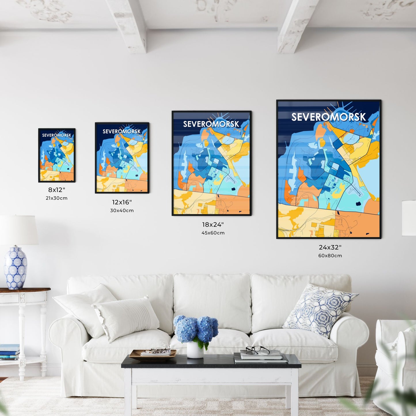 SEVEROMORSK RUSSIA Vibrant Colorful Art Map Poster Blue Orange