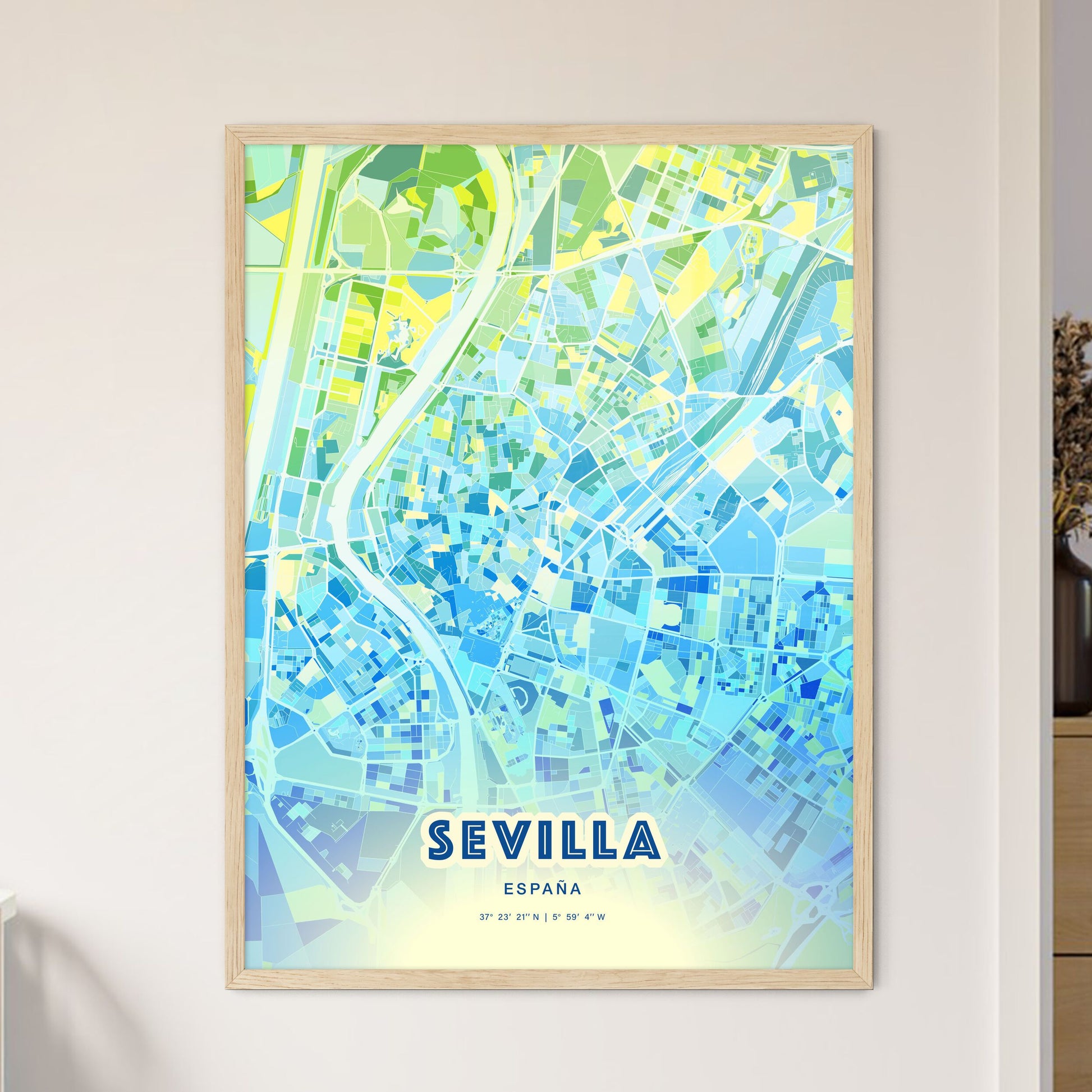 Colorful Sevilla Spain Fine Art Map Cool Blue