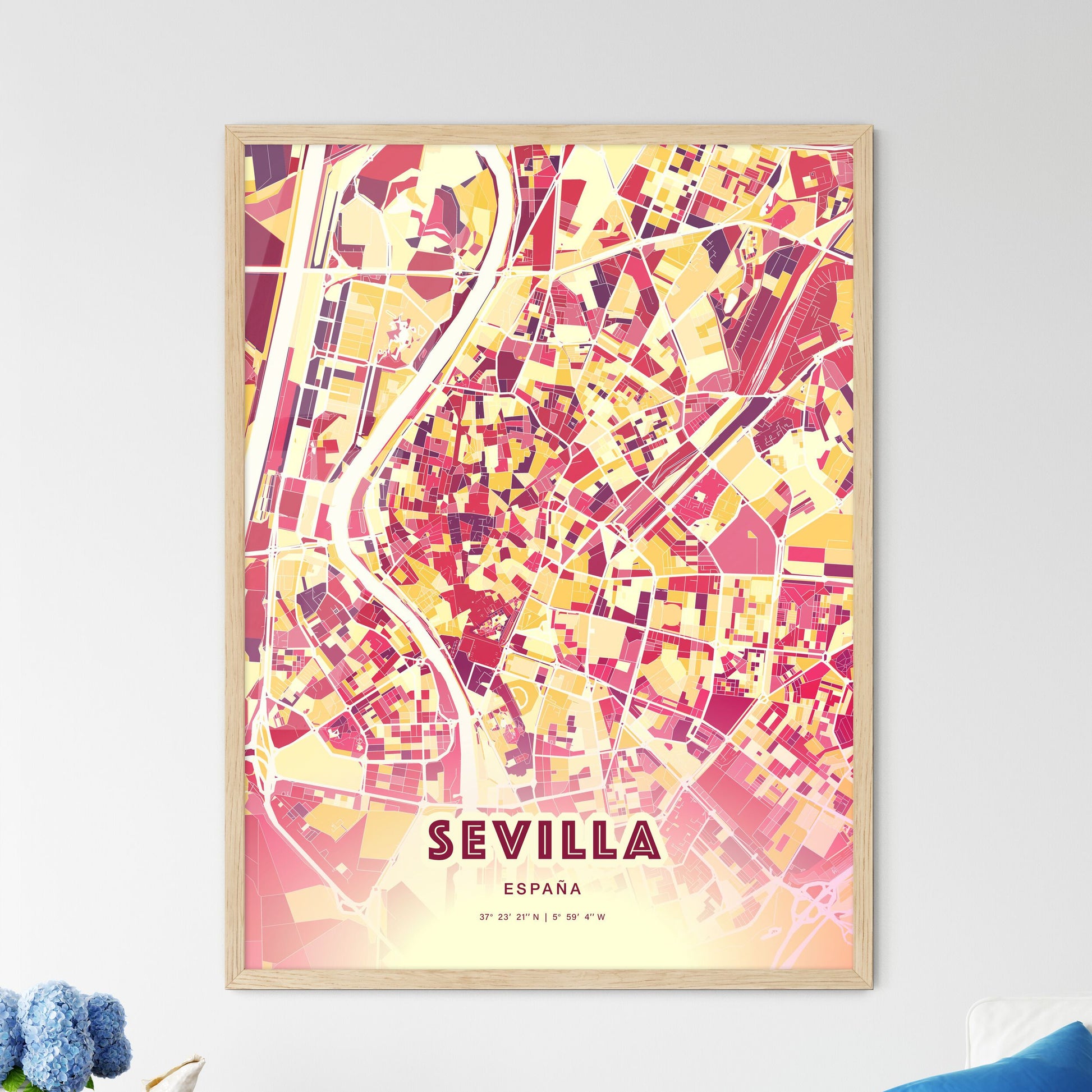 Colorful Sevilla Spain Fine Art Map Hot Red